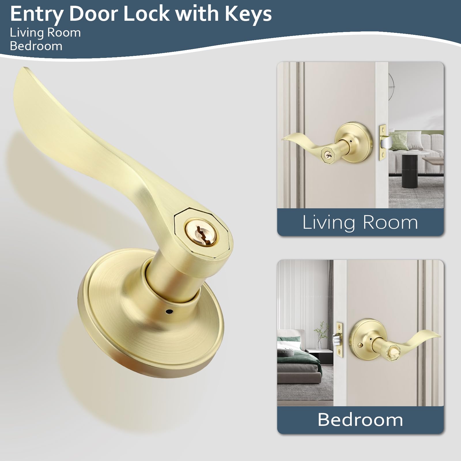 EHOMEWARE 2 pomos de puerta de entrada con llave igual con cerradura y llave, manijas de puerta de latón satinado dorado interior, manijas de puerta de latón satinado exterior, manijas de puerta a