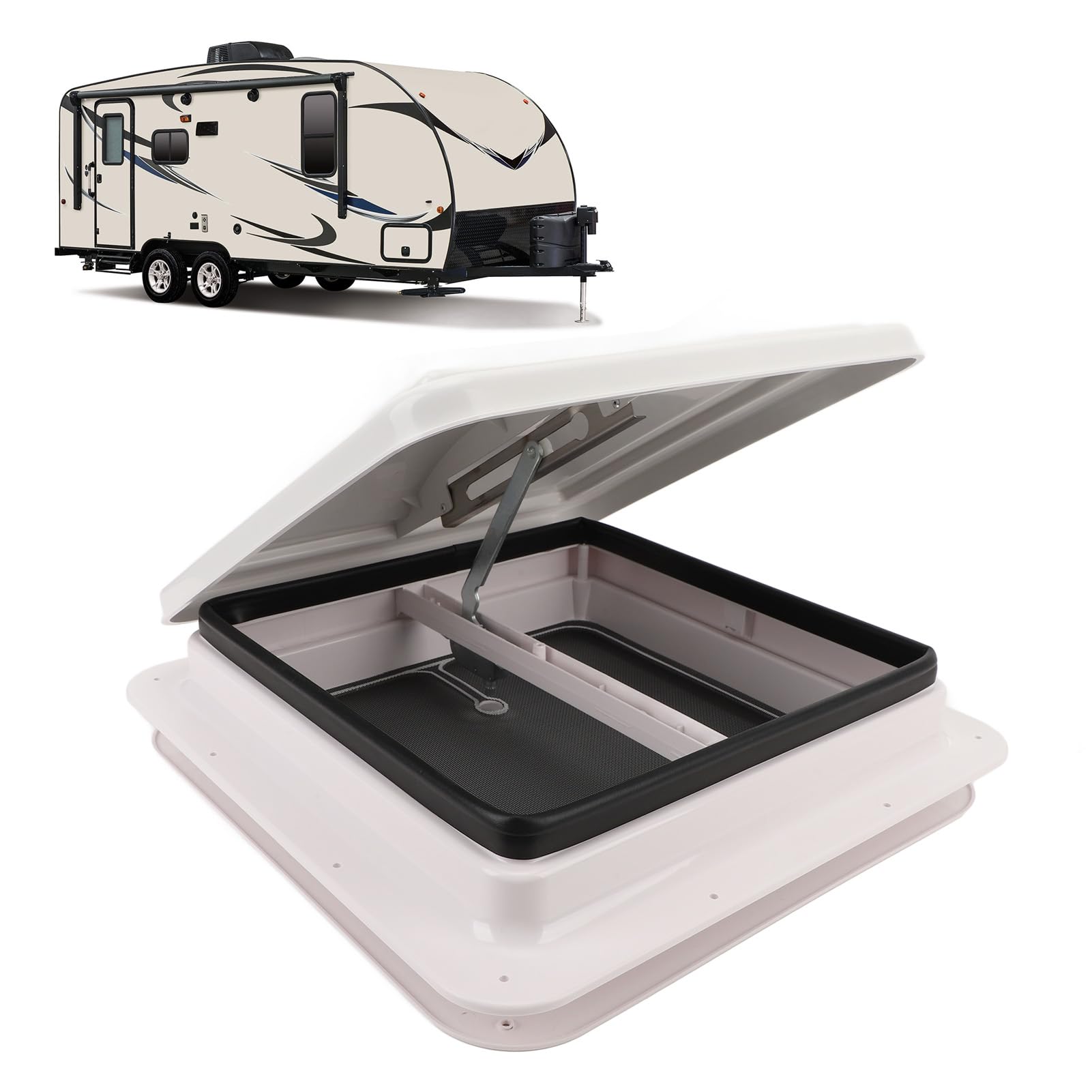 Saluaqui RV Roof Vent 13.39x13.39in White Ventilation Lid with Screen and Support Rod for Motorhome, Trailer, and Caravan Ceiling Air Circulation