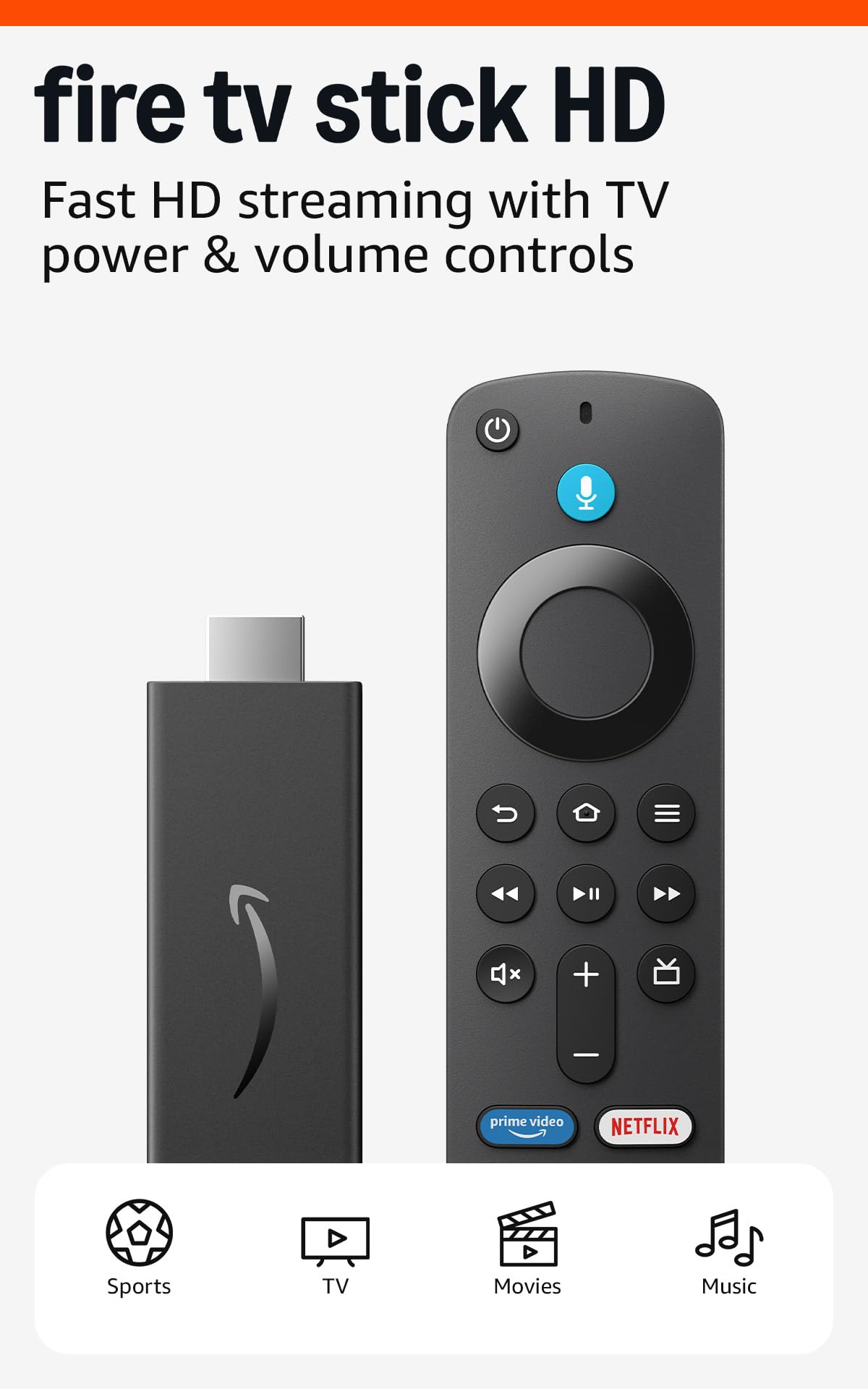 Amazon Fire TV Stick HD (newest model), free and live TV, Alexa Voice Remote, smart home controls, HD streaming