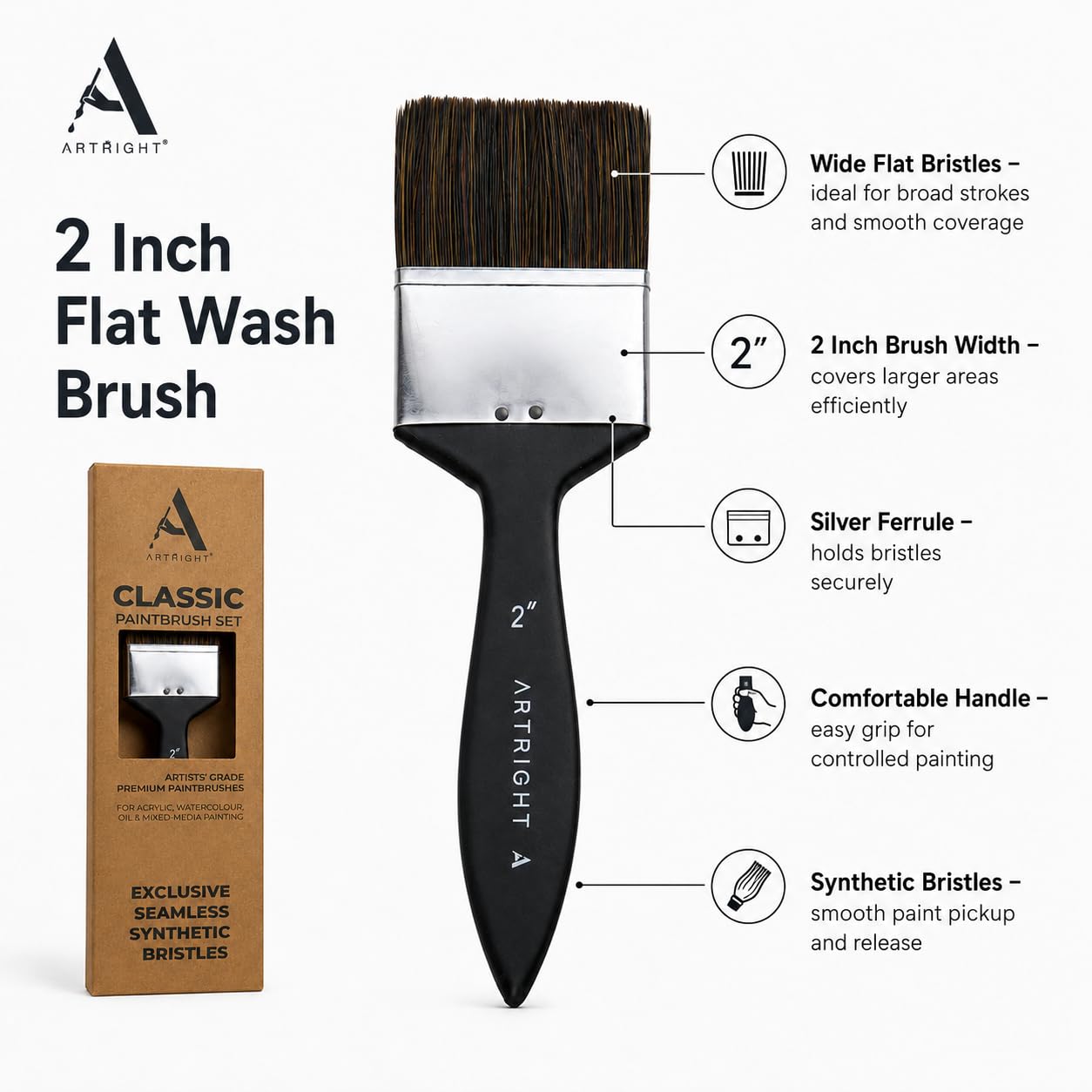 ArtRight 2 Inch Flat Wash Painting Brush – Handmade Professional Artist Brush for Acrylic, Watercolor, Gouache & Mixed-Media Painting (Wood Handle)