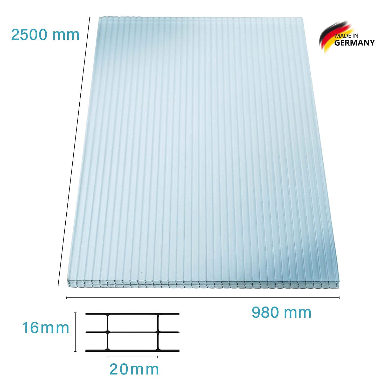 KAISER plastic® Planchas alveolares dobles 16/20 | Xtra Strong (PC) | 98 cm de ancho x 250 cm de longitud | 5 unidades | color: transparente y con protección UV