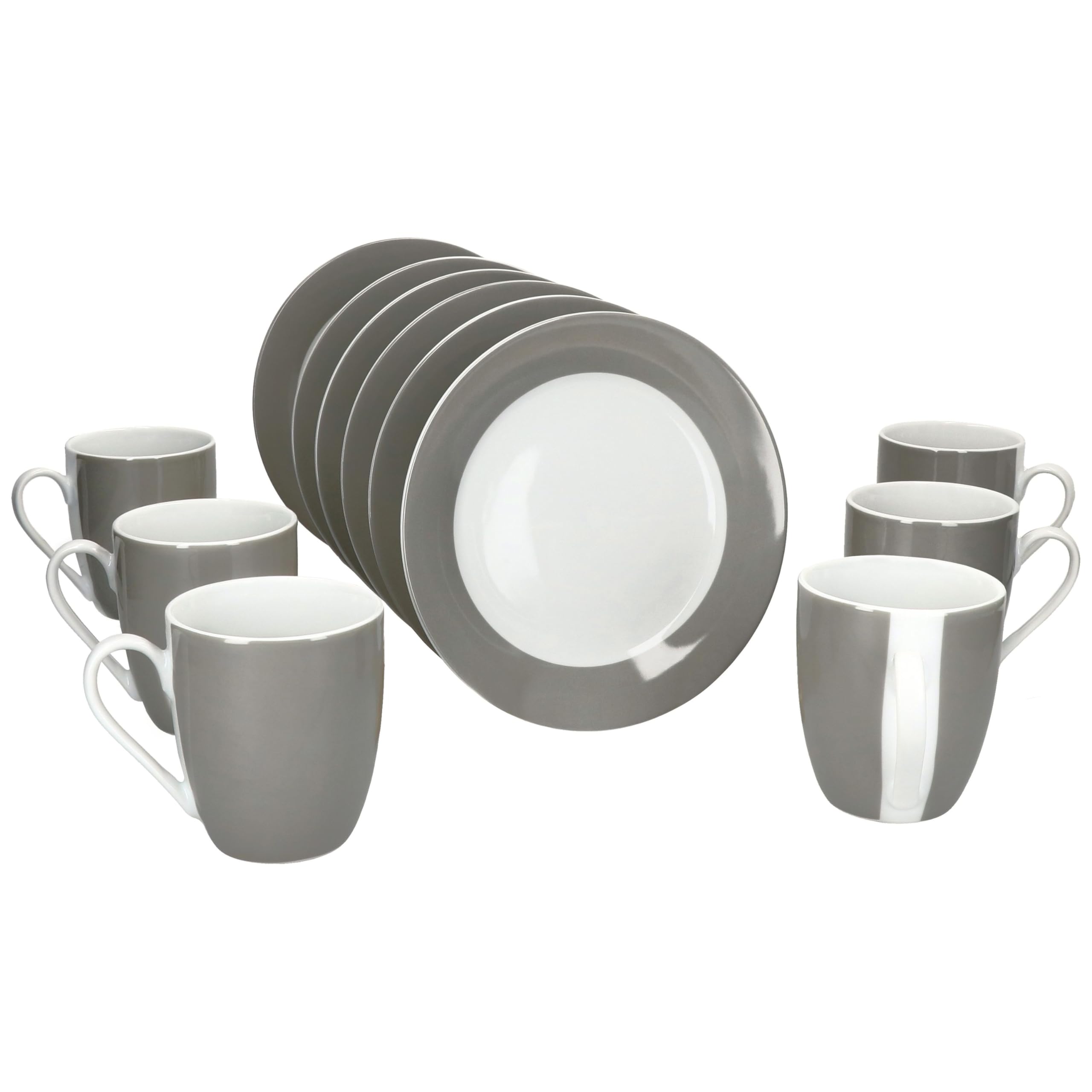 MamboCat Variant Grau 12tlg Frühstücksset I Je 6X kleine Teller & Kaffeebecher 350ml, Höhe 10,3cm für 6 Personen I Tasse, Kuchenteller I Porzellan-Geschirr für Frühstücks- & Kaffeezeit