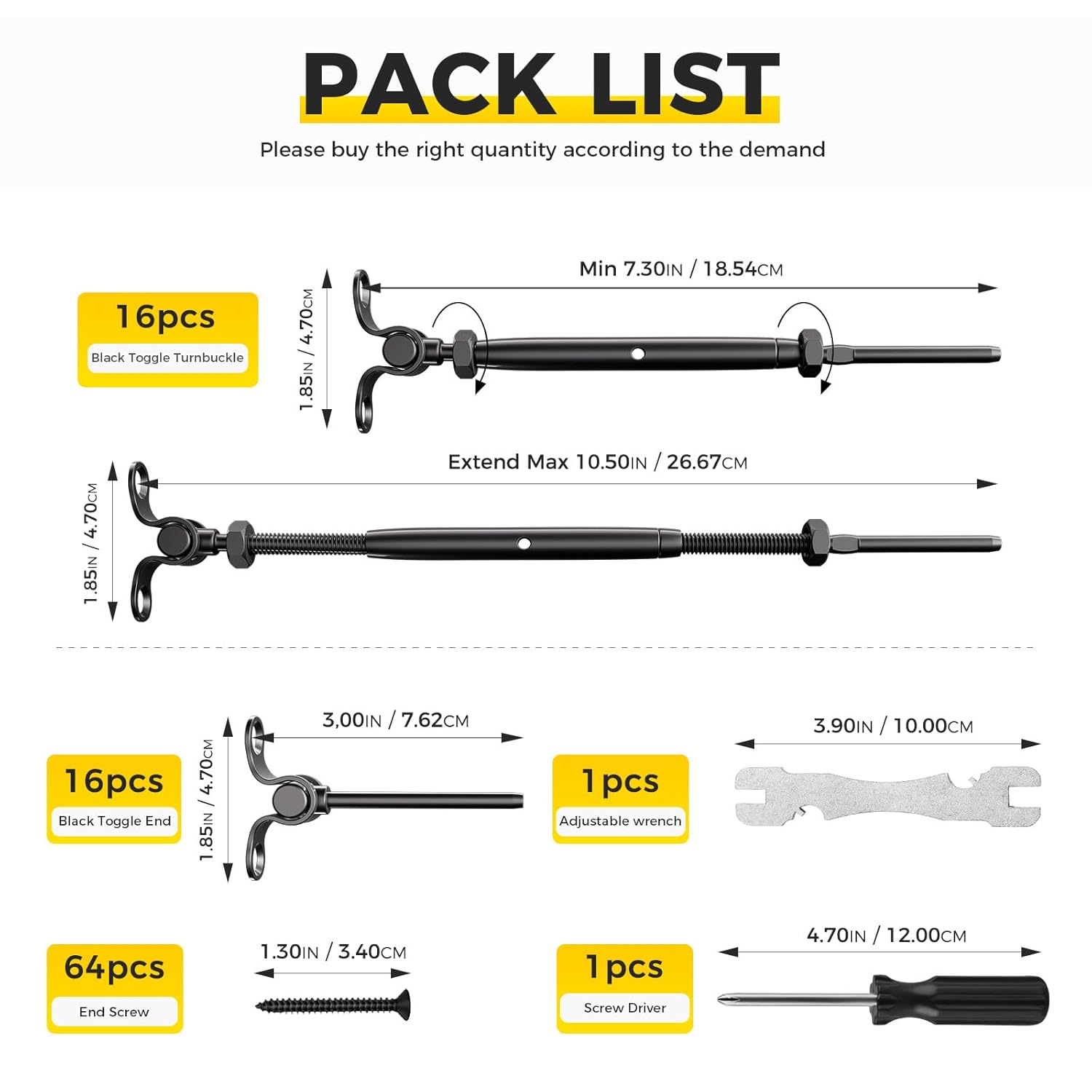 WAYSKA 16 Pairs Black T316 Stainless Steel Cable Railing Hardware Fit 1/8" Wire Rope, Angle 180°Adjustable Swage Toggle Turnbuckle Tensioner and End Fitting, Black Cable Railing Kit for Wood Post