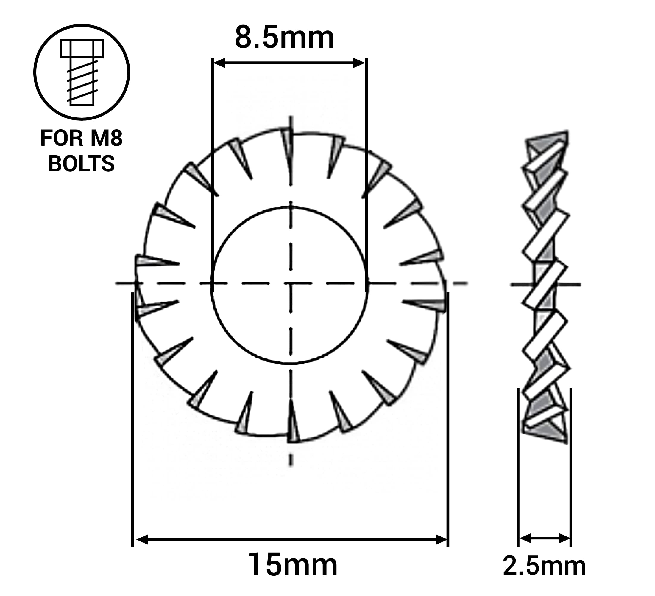 SKIR'CO (50 pcs) Zinc Plated Serrated Lock Washers M8, External Locking Washers, DIN 6798A Washers - Image 4