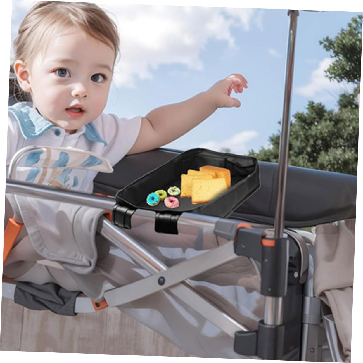 Vassoio Passeggino da Clip-on, Organizer Snack Nero Xl | Tela Canvas, Accessorio Leggero e Portatile, per Carriage e Stroller, Pratico per Mangiare fuori Casa