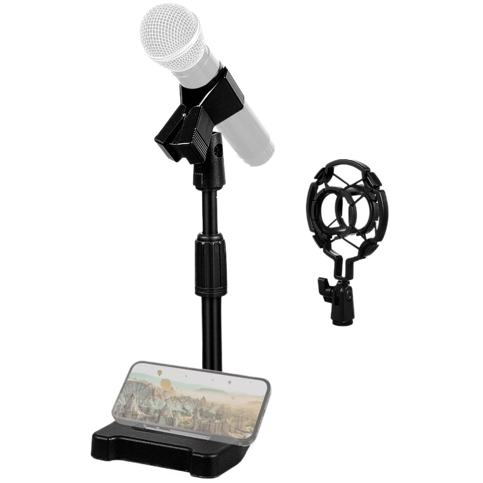 Supporto micro con supporto telefono e anti‑urto per streaming
