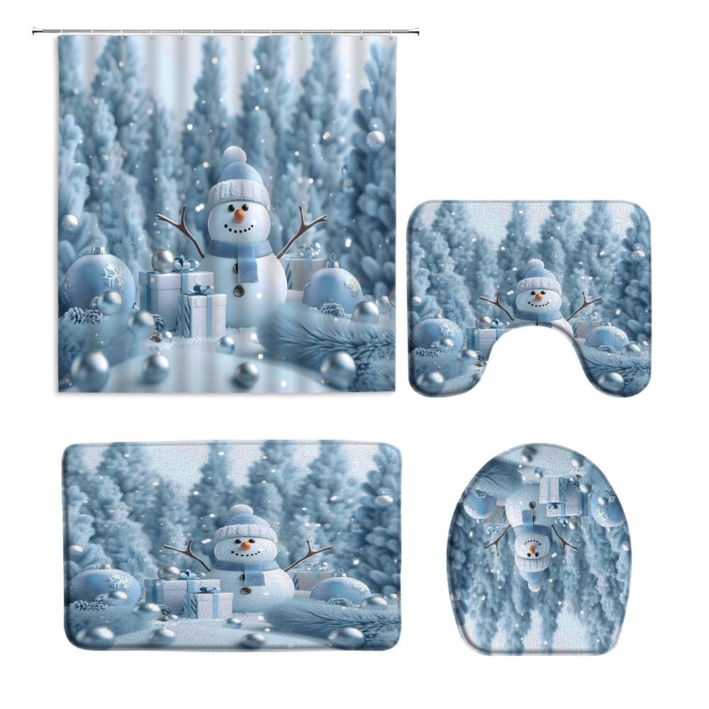 4PCS Winter Snowman Shower Curtain Blue Snow Forest Xmas Pine Tree Ball Snow SnowflakesChristmas Holiday Happy New Year Bathroom Decor Set with Floor