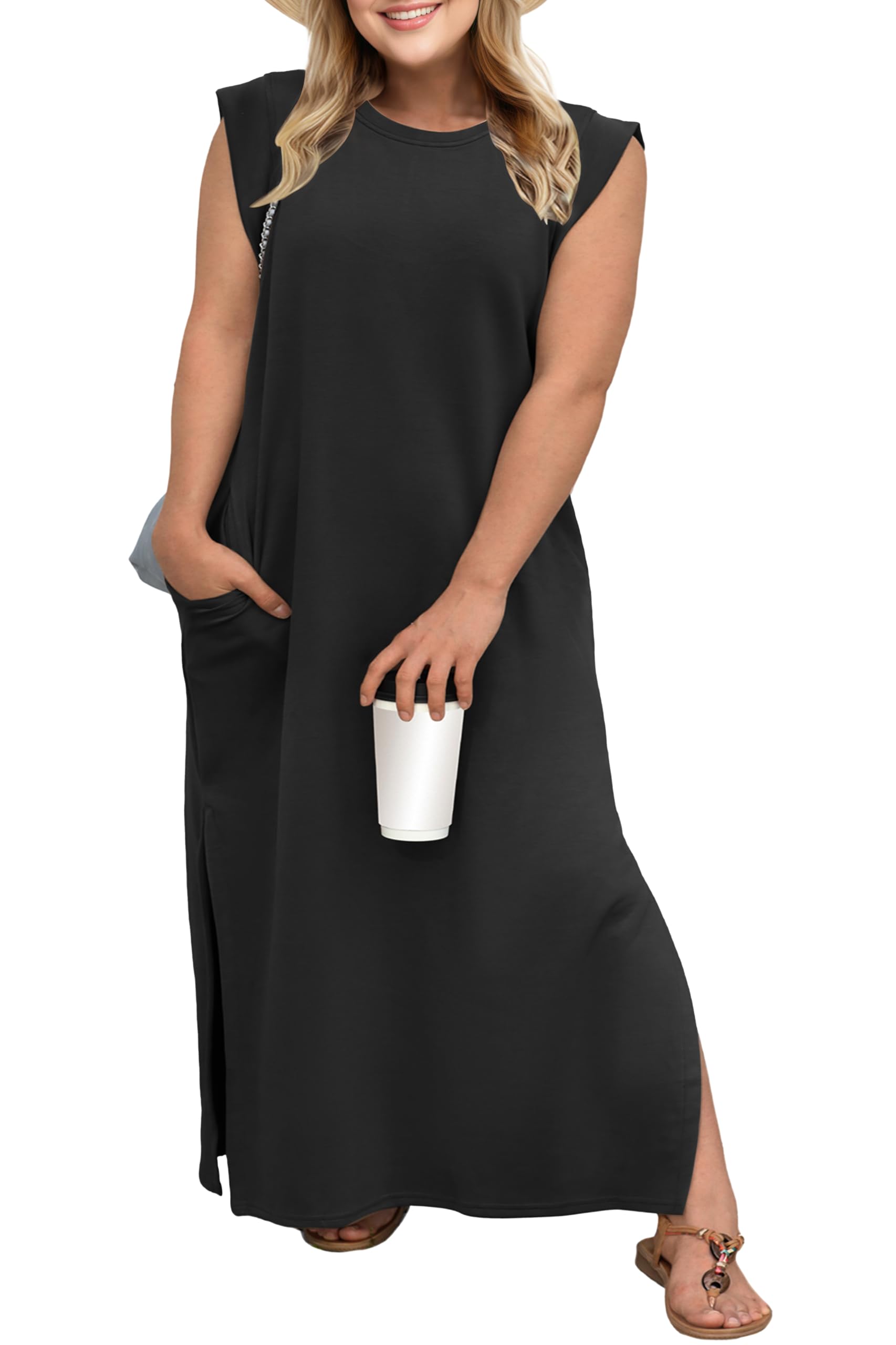 OLRIK 2025 Summer Women's Plus Size Maxi Dresses for Curvy Women Casual Split Long Dress with Pockets