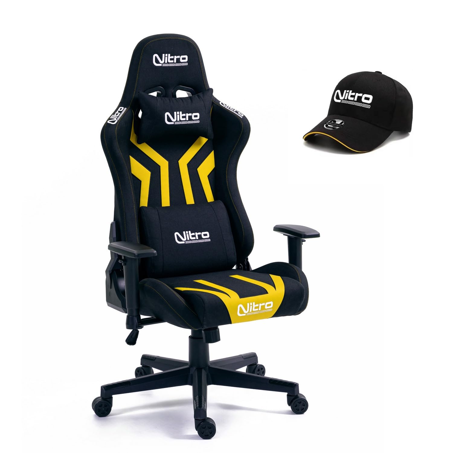 Nitro – Silla Gaming ergonómica, silla de oficina de tela y piel sintética, silla de gaming reclinable con cojín lumbar, reposacabezas, reposabrazos, sombrero incluido, silla de escritorio Flyco Pro
