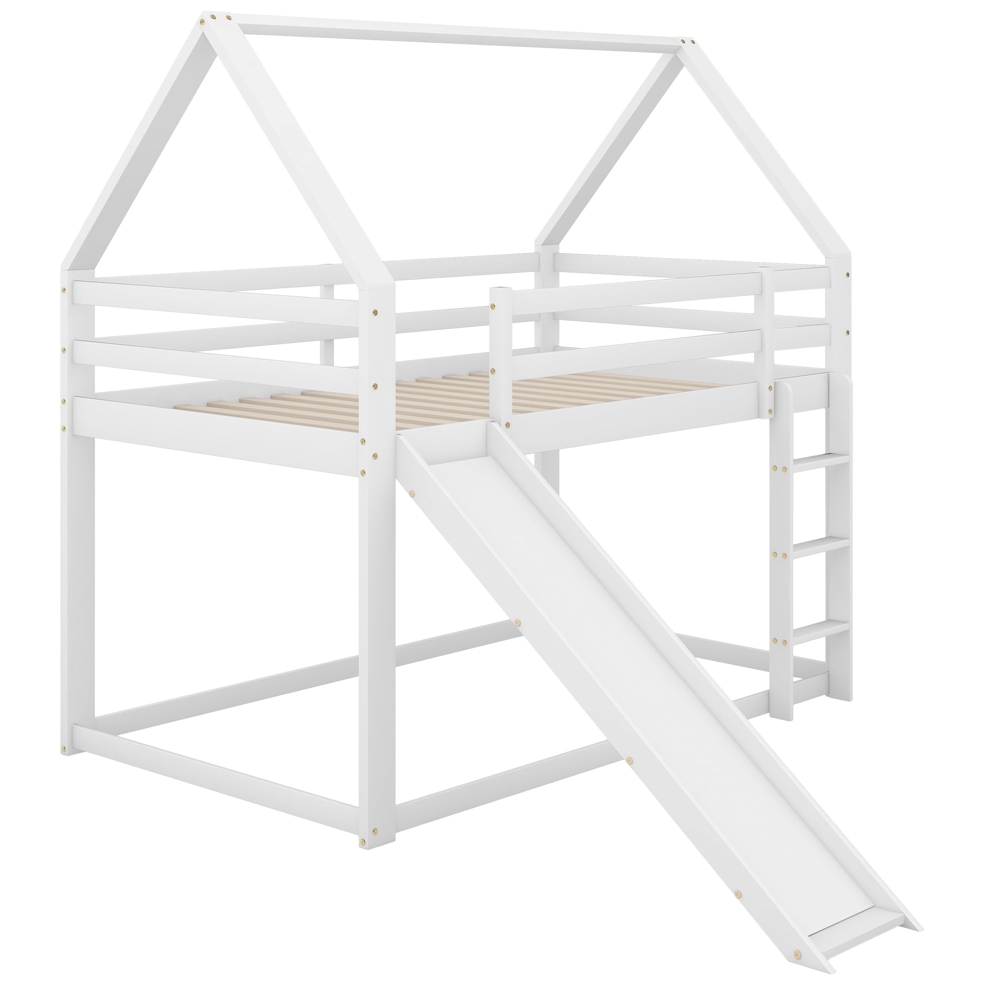 Cama infantil de 90 x 200 cm, litera con 2 camas para dormir, somier, escalera y tobogán, cama de madera de pino, incluye protección anticaída (blanco, 90 x 200 cm)