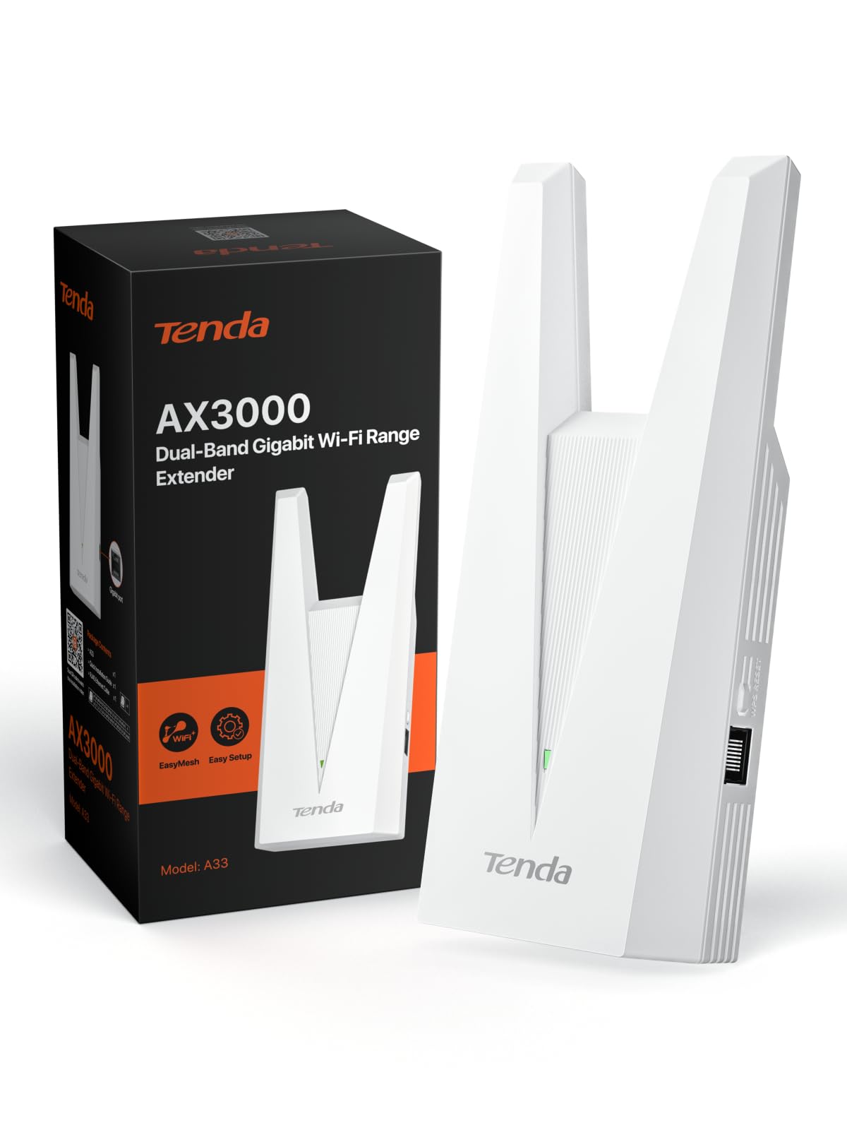 Tenda A33 Répéteur WiFi 6 AX3000, Repeteur WiFi Puissant sans Fil Dual Band, WiFi Extender EasyMesh avec Port Gigabit, Amplificateur WiFi pour Grande Maison, Streaming 4K, Gaming et Télétravail