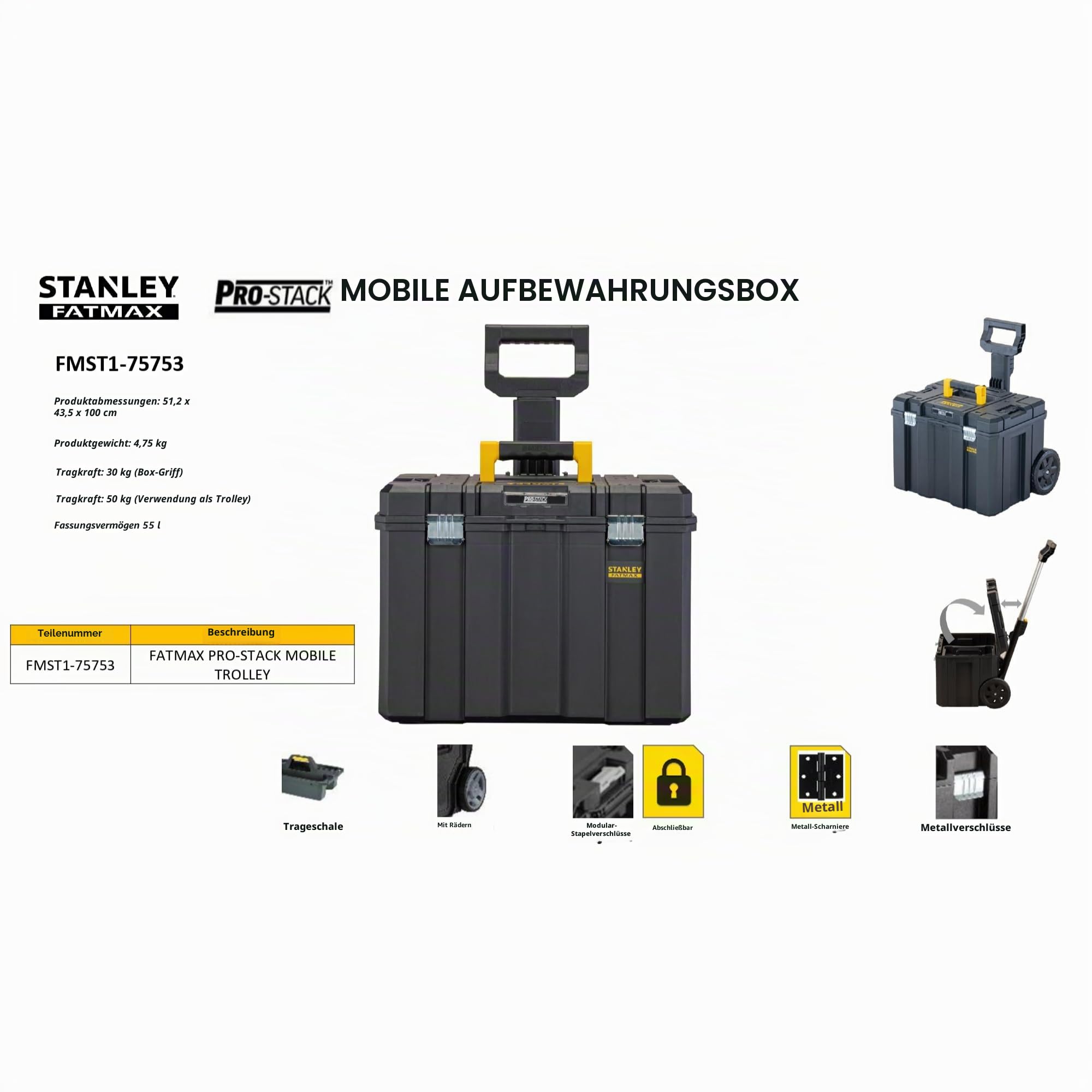 STANLEY Werkzeugbox/Werkzeugkoffer leer Werkzeugkasten - Werkzeugkiste (36 Liter, mit robusten Schwerlasträdern, bis 30 kg belastbar, mit Teleskophandgriff, Metallschließen, mit Ösen) FMST1-75753