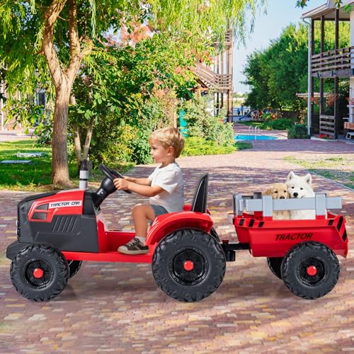 Image of Costzon 24V Ride on Tractor with Detachable Trailer, Kids' Electric Vehicles with 3 Speeds, 15 Climbing, Wireless Design, Horn & Music, Remote Control Tractor Toy for Kids 3+,Gift (24V, Red)
