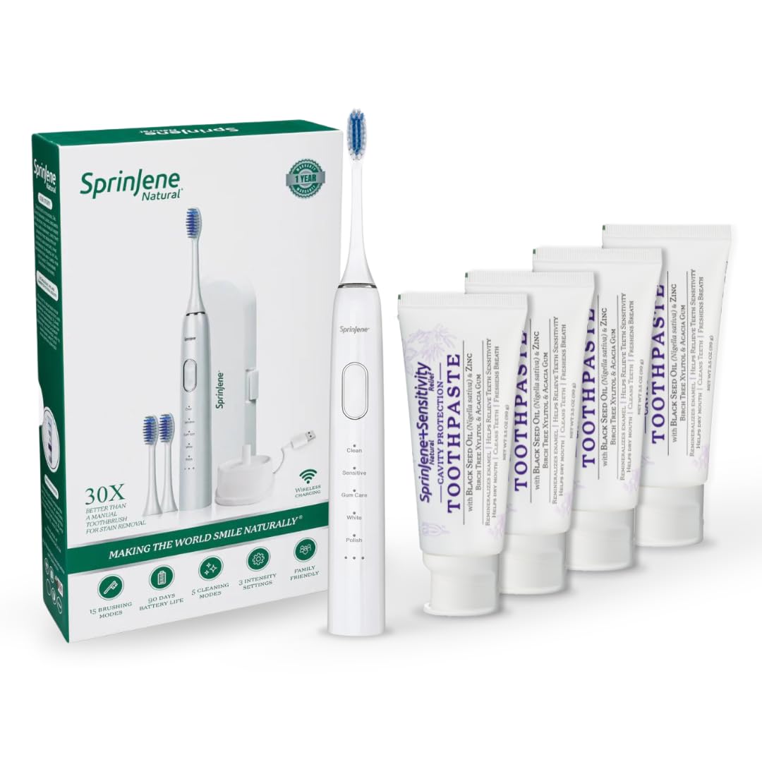 SprinJene Natural Sensitivity Relief Fluoride Toothpaste for Sensitive Teeth Gum 4 Pack Fluoride Free Mouthwash with Natural Ingredients