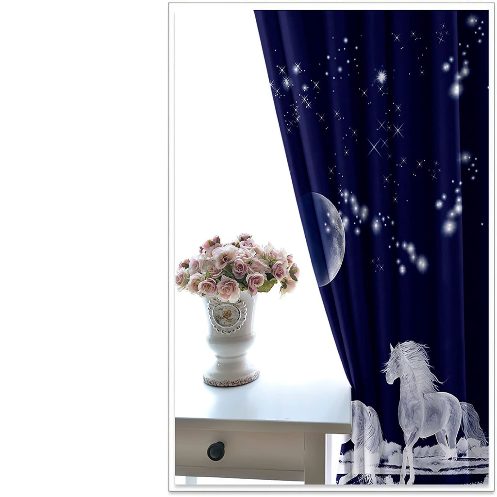 Rideau Occultant Chambre Lot De 2 - 140X160cm 3D Art Cheval Bleu Et Blanc Imprimé Rideaux Salon Opaque À Oeillets,Rideaux Grande Isolant Thermique Et Sonore, Décoration De Fenêtre