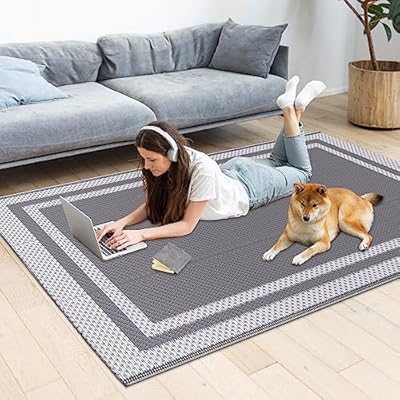 HappyTrends,Outdoor Rug,Patio Rug,Reversible Portable Outdoor Plastic Straw Rug,Camping Rugs for Outside RV,Large Waterproof Area Rugs for Patio,Deck,Picnic,Porch,Balcony(4'x 6',White&Gray)