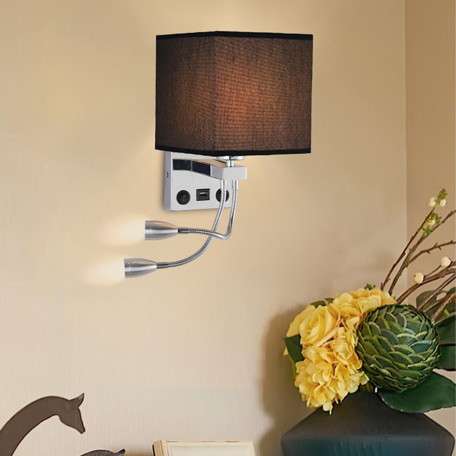 E27 Lampa ścienna z portem ładowania USB Nowoczesna oprawa ścienna z regulowanym reflektorem łabędzia szyjka lampka nocna oświetlenie ścienne podwójne przełączniki do sypialni, salonu, hotelu