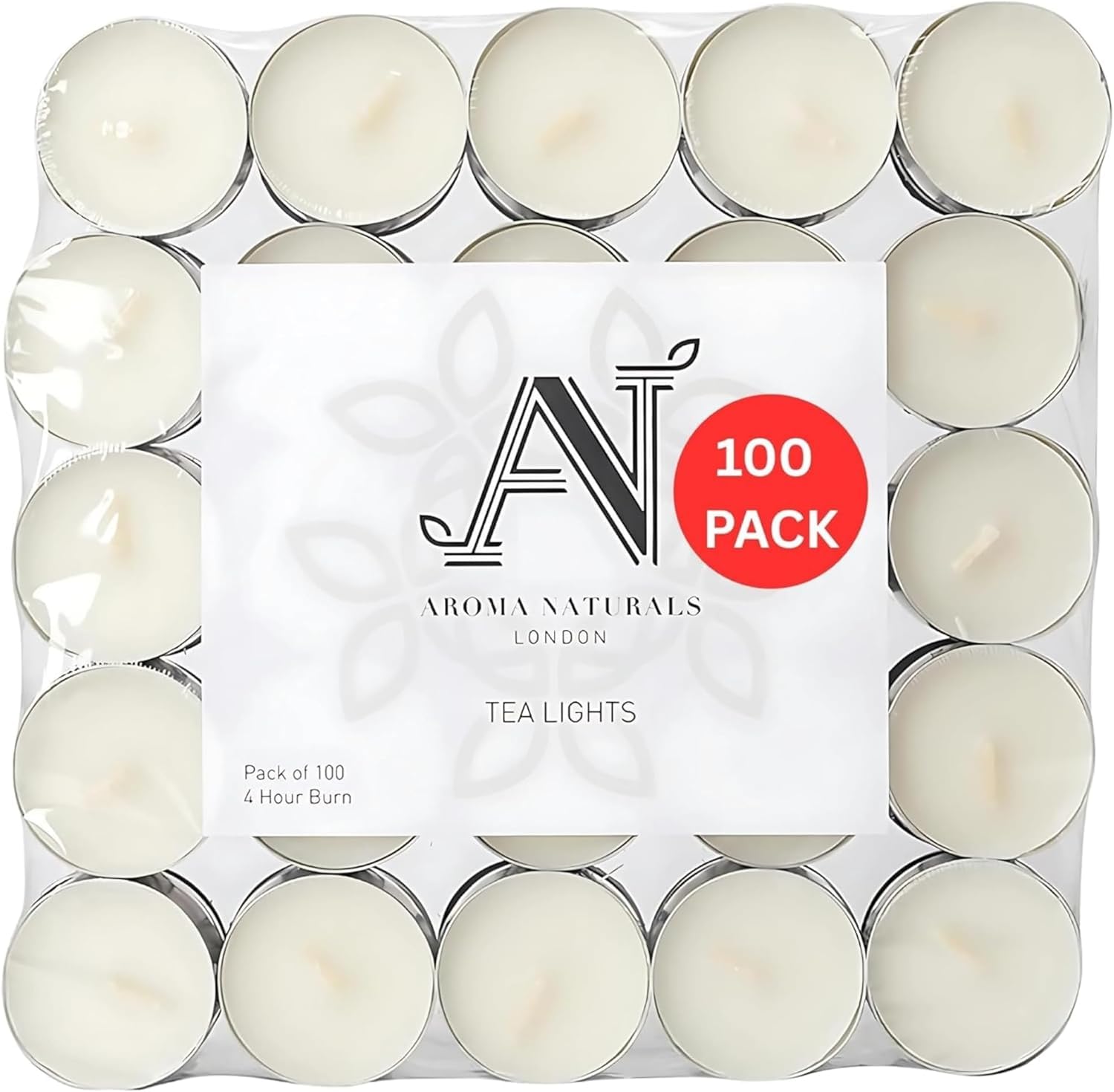 Aroma Naturals White Tealight Candles - 4-Hour Burn - Pack of 100