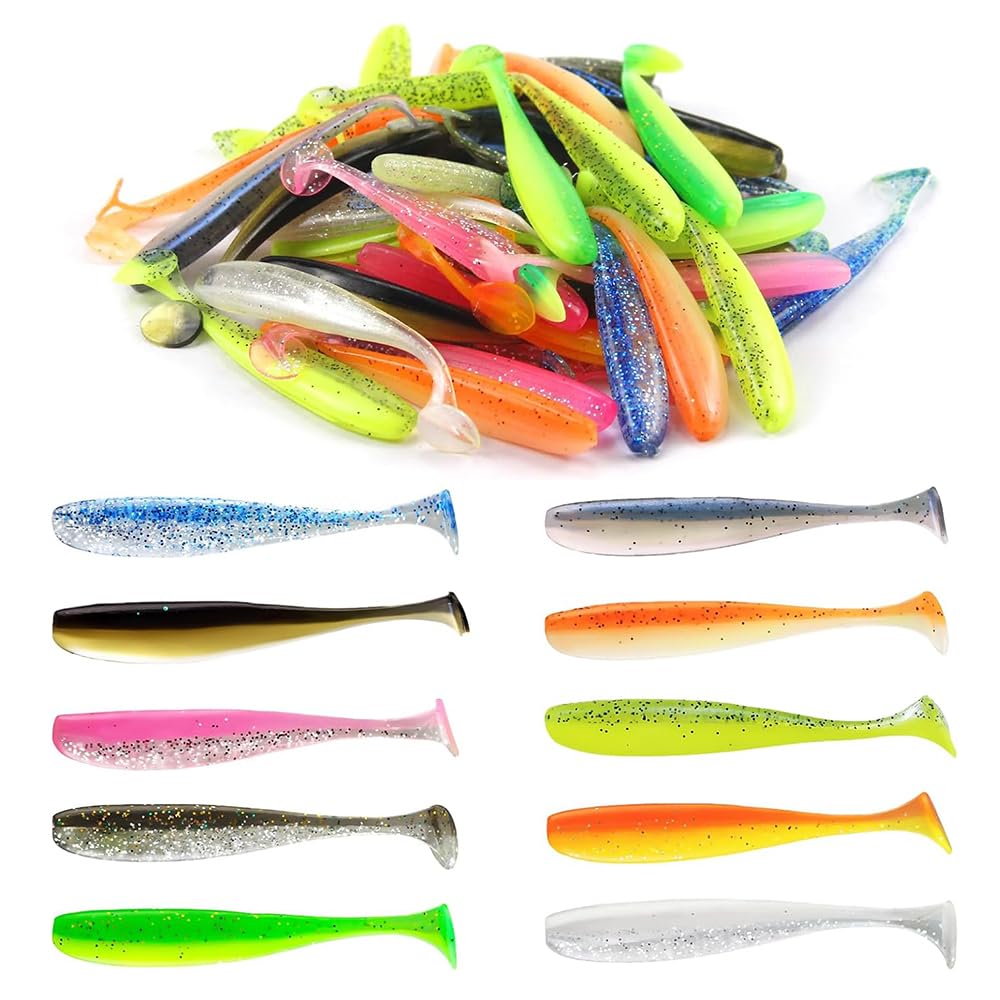 Zestaw 50 sztuk gumowych ryb, przynęt wędkarskich, sandaczy, 7,5 cm, wbudowane odblaskowe cekiny, na okonie, sandacze, pstrągi, 10 kolorów do okonia, sandacza, pstrągów