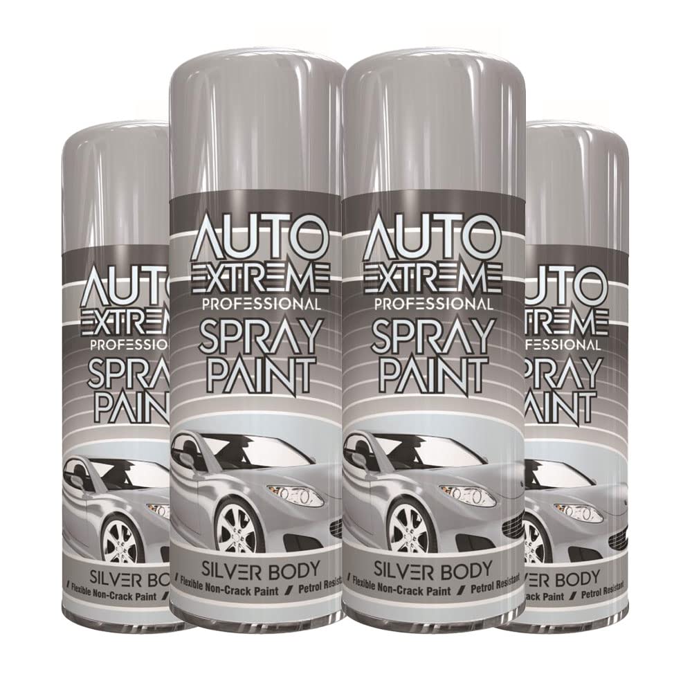 Classic Signature - 4 x Auto Extreme Silver Body Spray Paint 400ml Professional Quality, Perfect Finish for Cars, Bikes,Vans, Metal, Wood