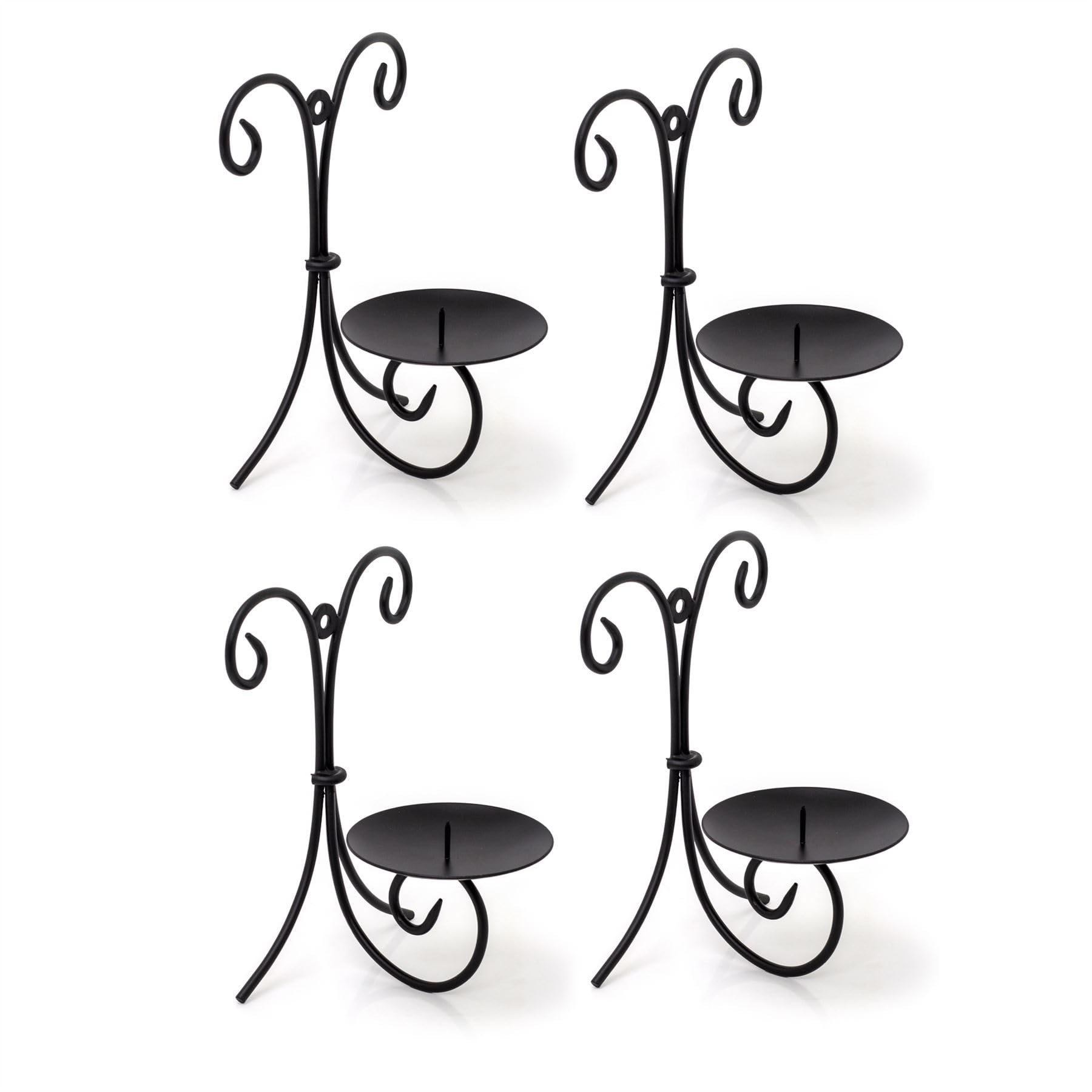 Carousel Home Black Set Of 4 Metal Scroll Wall Sconce Candle Holders | Pack Of 4 Wall Mounted Pillar Candle Holders | Wall Candle Plates With Spike
