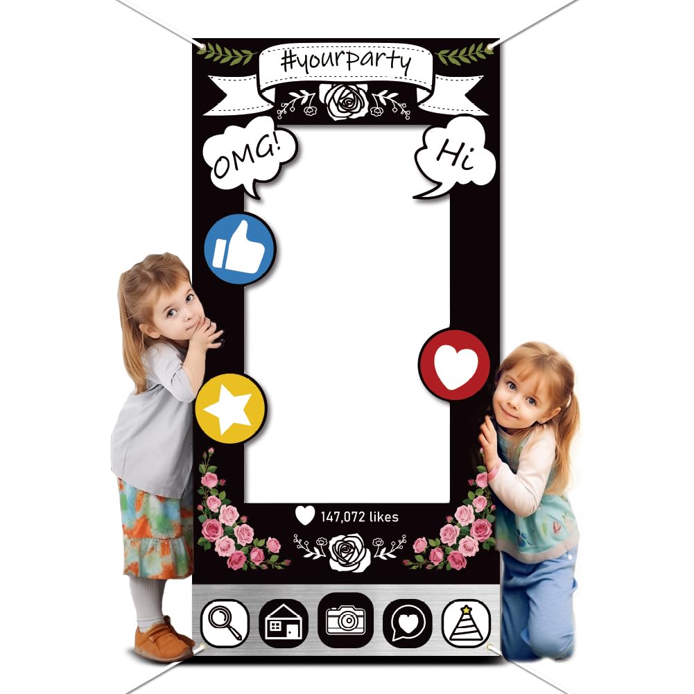 WADORN Social Media Photo Frame Props for Party Decor 5.9x2.9ft Booth Selfie Frame with Emoji Speech Bubble Photo Door Backdrop Props Decor Large Fabric Photography Background Party Supplies - Image 2