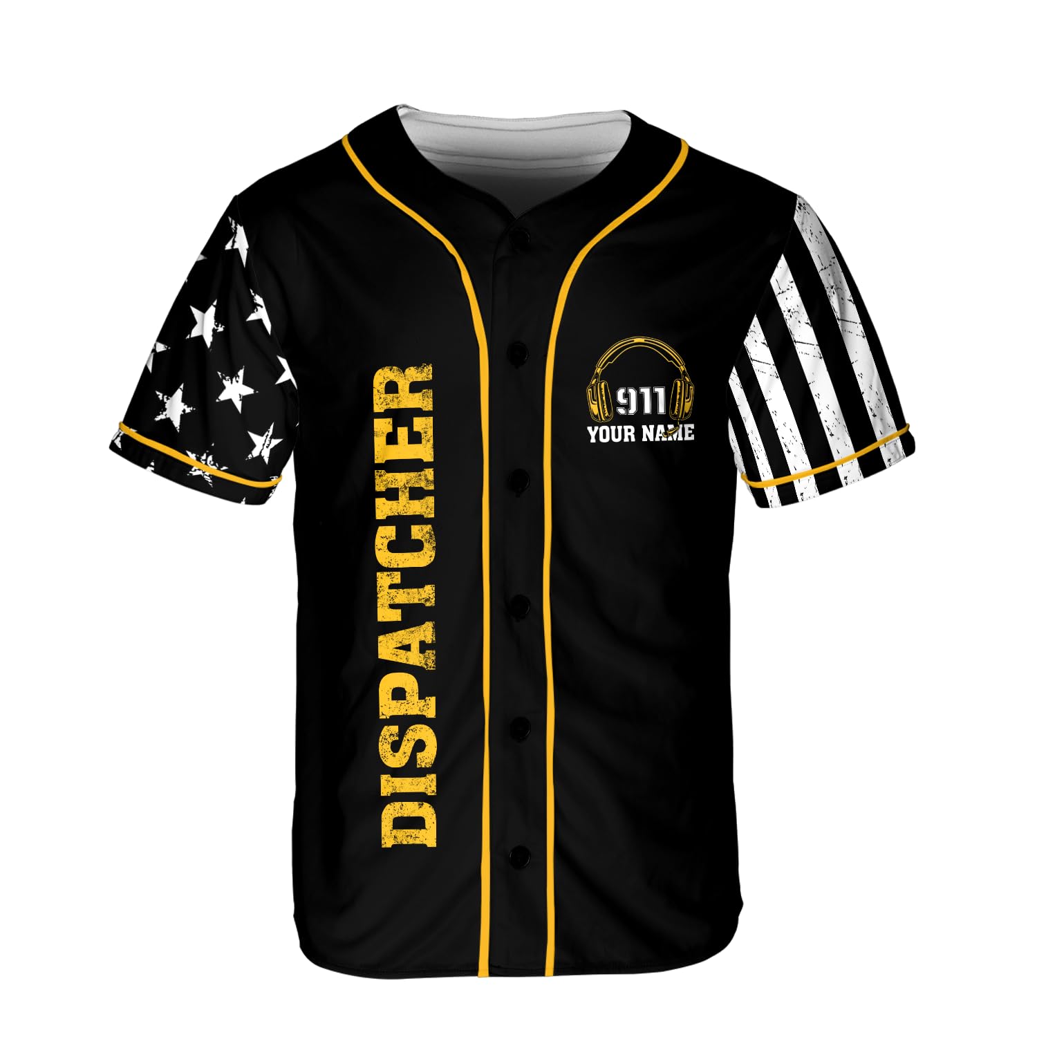 MAPrints Personalized Dispatcher Baseball Jersey, Emergency Thin Yellow Line for 911 Dispatcher Shirt, Dispatcher US Flag Jersey (US, Alpha, Small, 5X-Large, Regular, Regular, Dispatch 2)