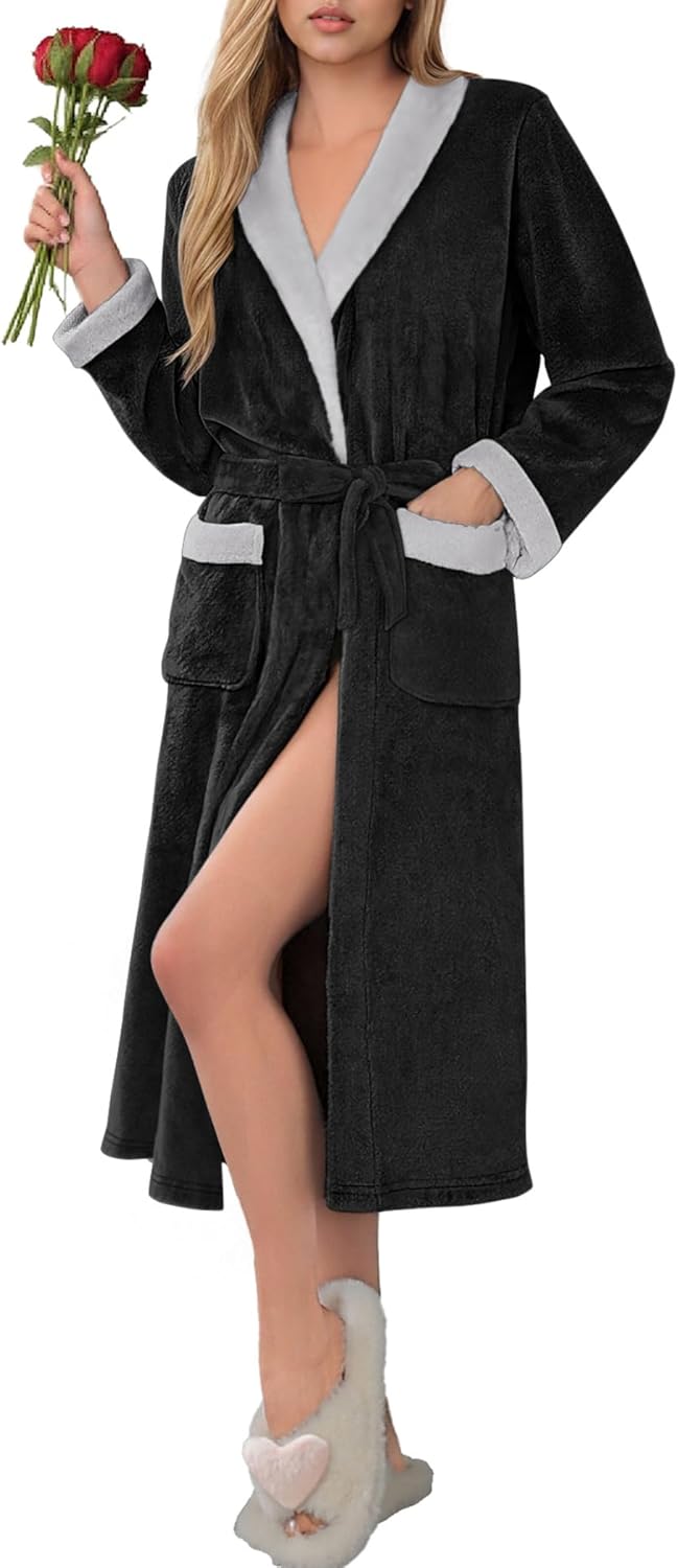 Ekouaer Robes for Women Soft Long Bathrobe Lightweight Fleece Shawl Collar Spa Robe Cozy Sleepwear with Pockets S-XXL