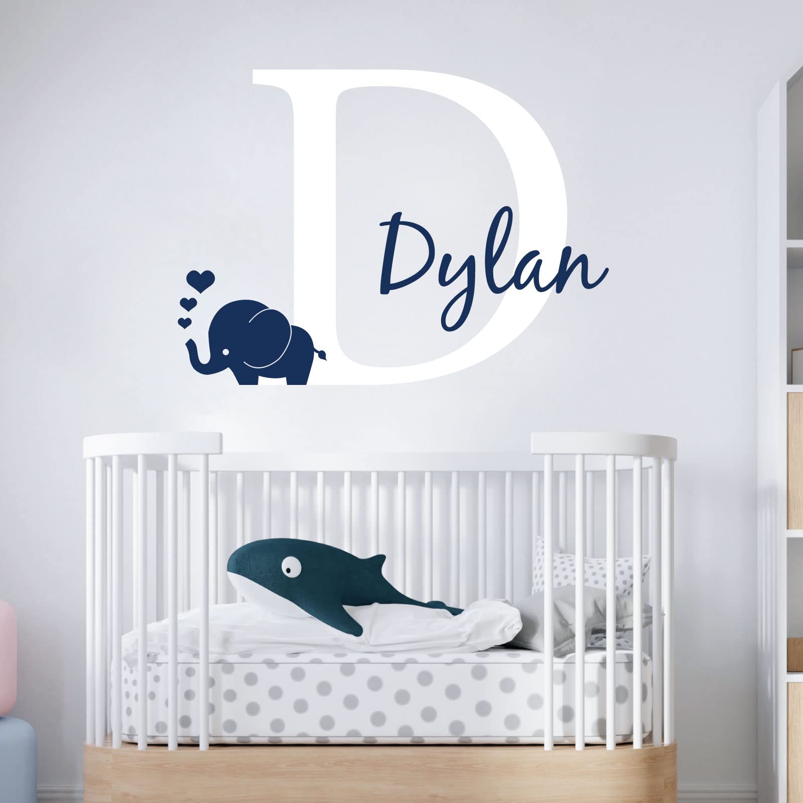 Personalised Baby Girl/Boy Name with Initial Letter and Baby Elephant, Hearts - 2 Colours [Large] [White]