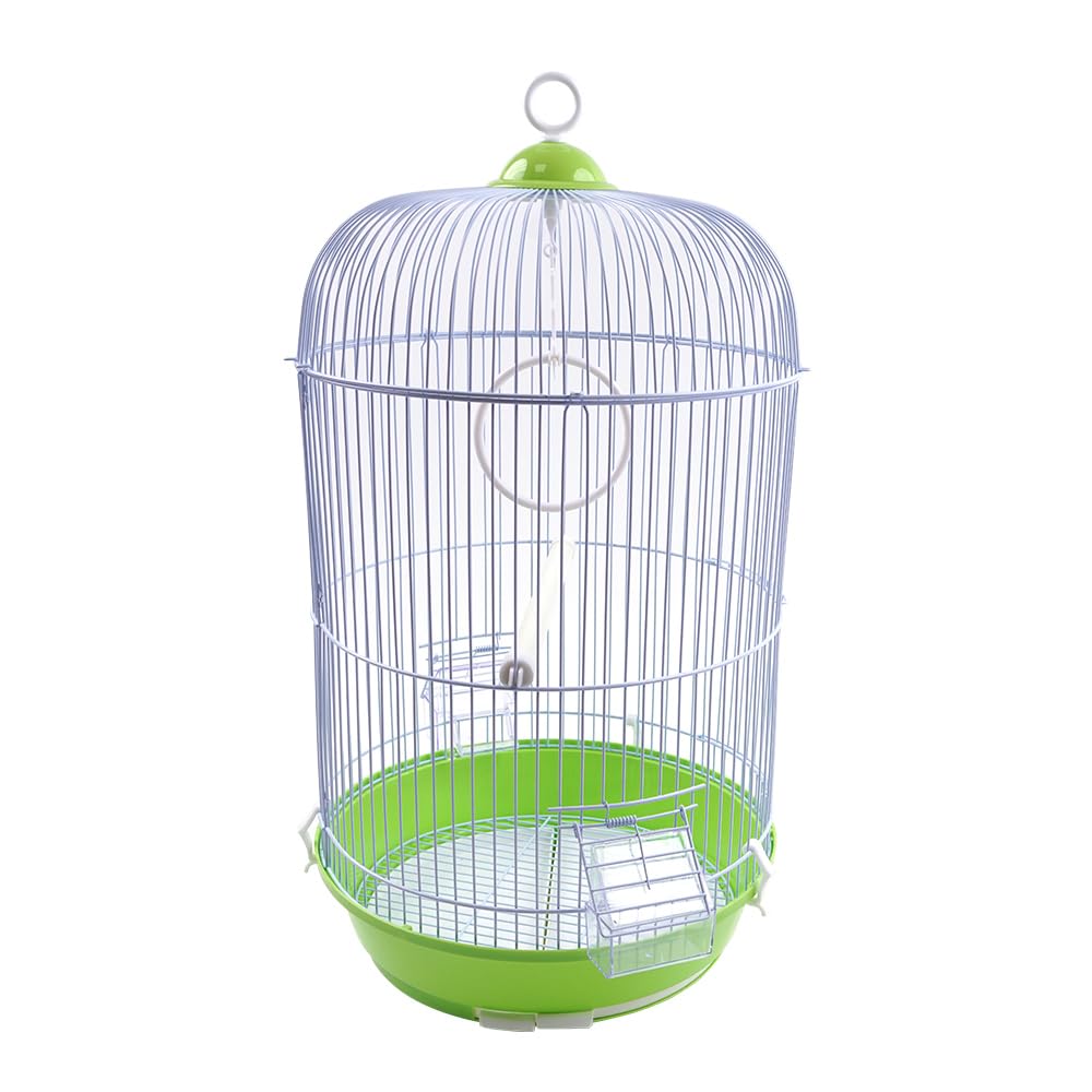 Jaula Alta Redonda para Canarios y Aves Pequeñas 53 cm Estructura Metálica con Base de Plástico Bandeja Extraíble Comedero y Percha (Verde)