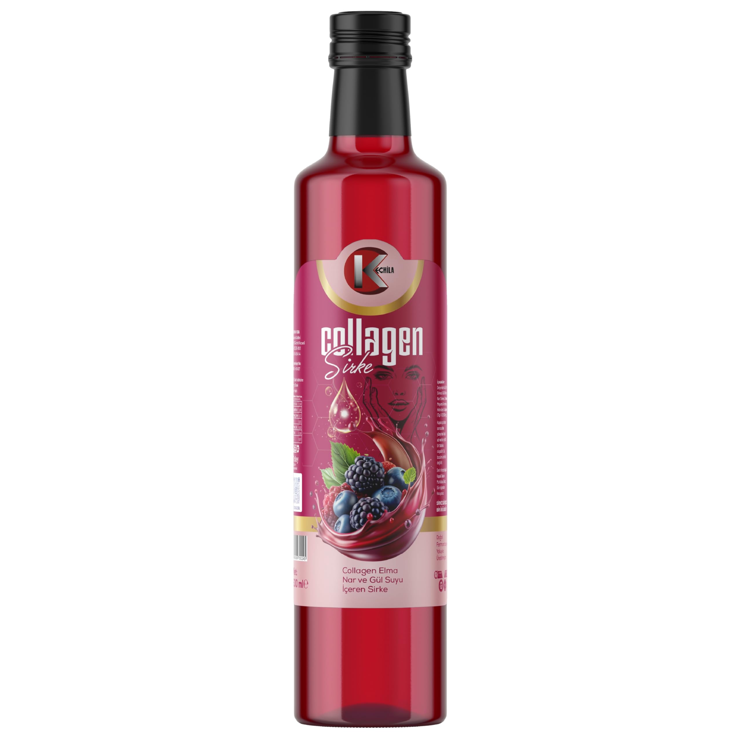 Kechila Collagen Sirke 500 ml, Tip 1-3 Hidrolize Kolajen İçeren, Elma Gül ve Nar Sirkeli Orman Meyvesi Aromalı