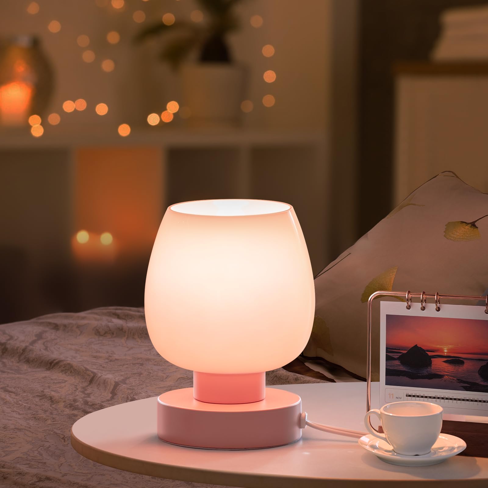 Set van 2 touch-bedlampjes, kleine moderne lampen voor slaapkamer, woonkamer, nachtkastje, lampenkap van opaalglas, inclusief warme ledlampen, 3 helderheidsniveaus, wit