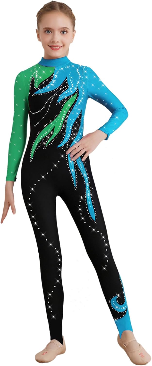iiniim Girls Figure Skating Unitards with Back Zipper Long Sleeve Rhinestones Color Block Roller Skating Gymnastics Leotards
