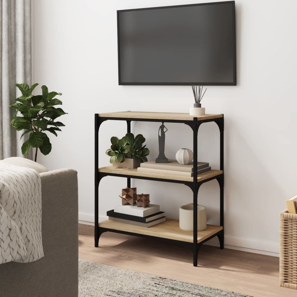 Regał na książki, dąb Sonoma, materiał drewnopochodny i stal, 60 x 33 x 70,5 cm, regał stojący z 3 półkami, przemysłowy regał na książki do salonu i biura, wszechstronny jako regał na książki