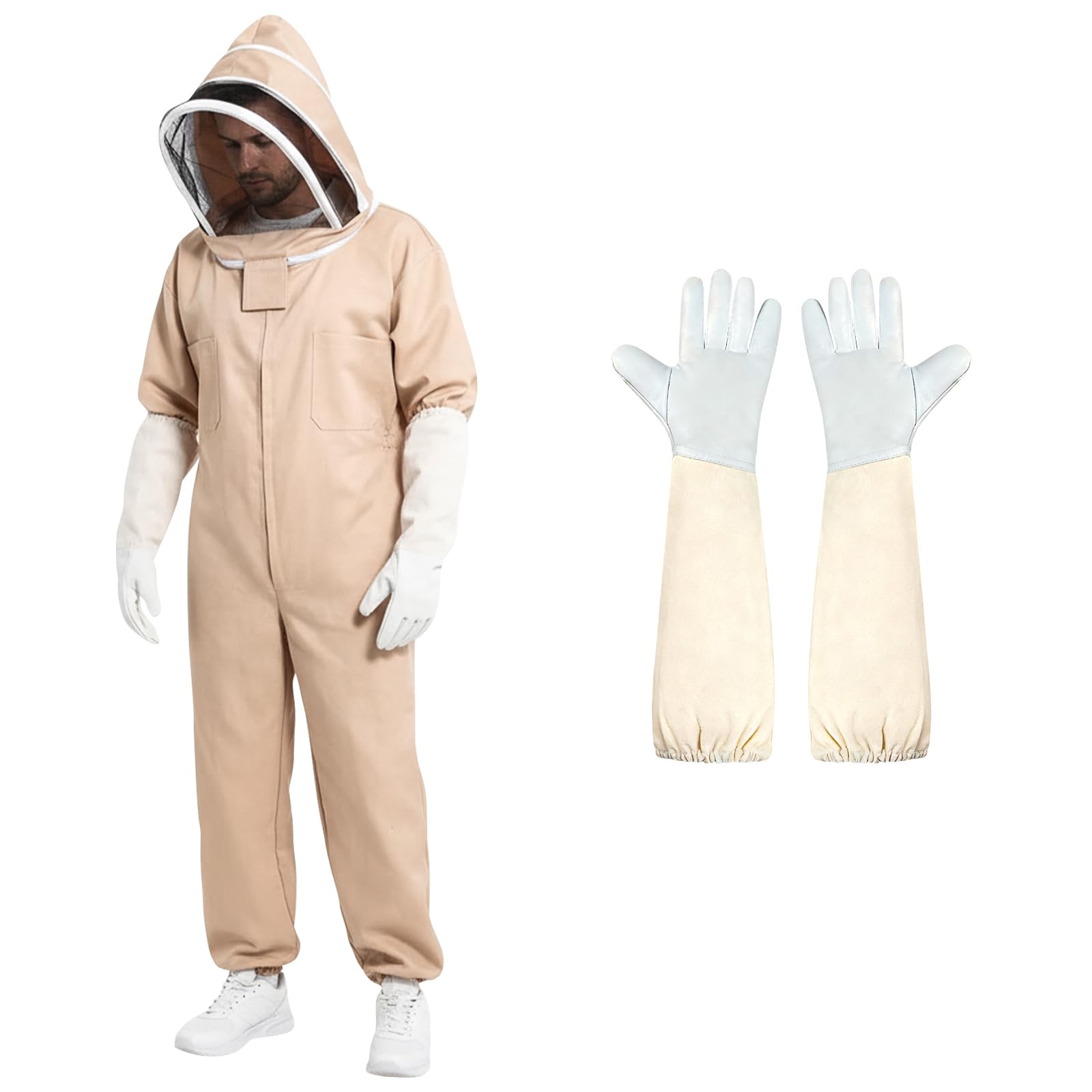 Lucxhcky XXL One-Piece Bee Suits for Men Sting Proof, Beige Beekeeper Suit with Gloves for Women, Wasp Suit Sting Proof for Beekeeping (XXL)