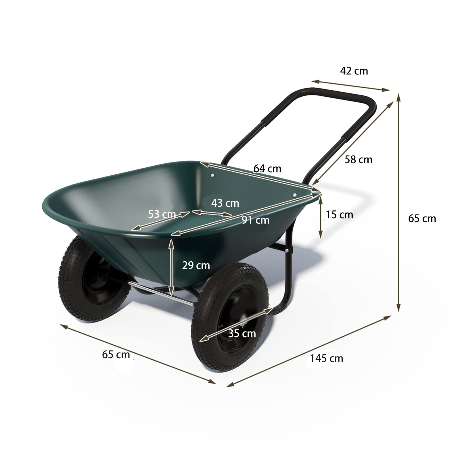 GYMAX Brouette de Jardin 2 Roues avec Cuve de 140 L, Chariot de Jardin avec Contenant en PP, Cadre en Fer Charge 100kg, Pneumatiques pour Tout Terrain, Convient pour Jardin, Patio et Entrepôt (Vert)