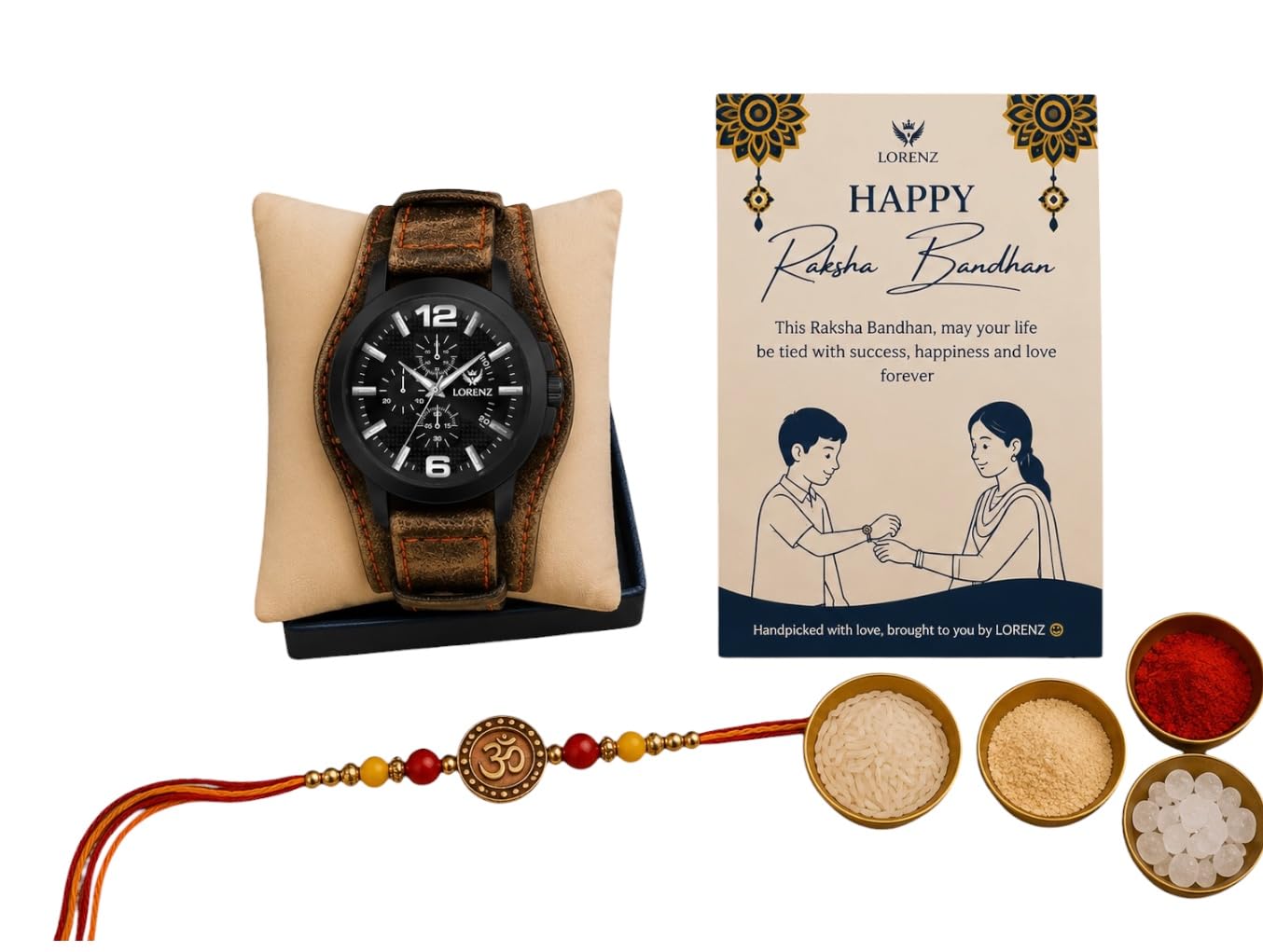lorenz Customized Raksha Bandhan Gift Combo for Brother - Black Dial Men's Watch and OM Rakhi, Roli, Chandan Tilak, Chawal, Mishri-picture-9