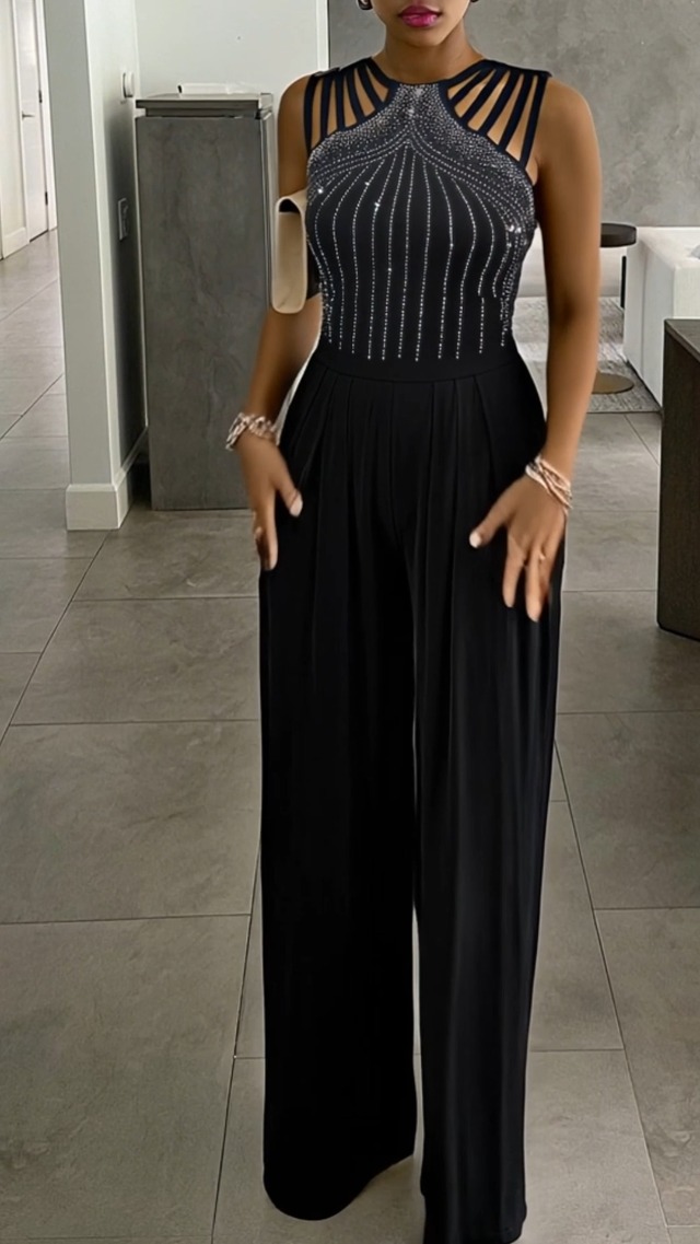 Amazon.com: CHICME Women's One Piece Jumpsuit Rhinestone Cutout