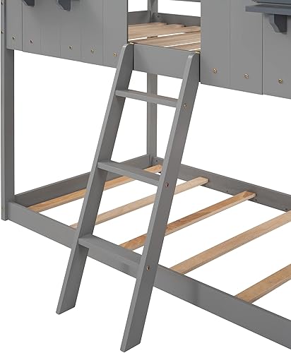 Miniatura 8 de Litera individual sobre cama individual en forma de casa con techo de madera maciza ventana barandilla y escalera