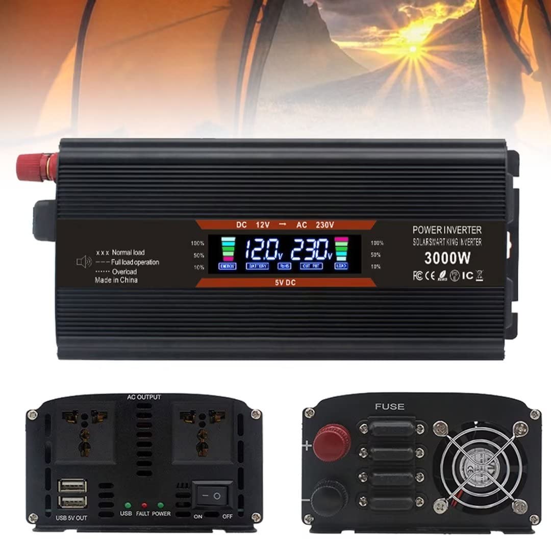 Convertisseur de Puissance Écran LCD 3000w Campervan Essentials 12V / 24V à 220V ou Chargeur de Voiture USB 110V convertisseur de Puissance sinusoïdal pour Camion modifié, 24V - 220V