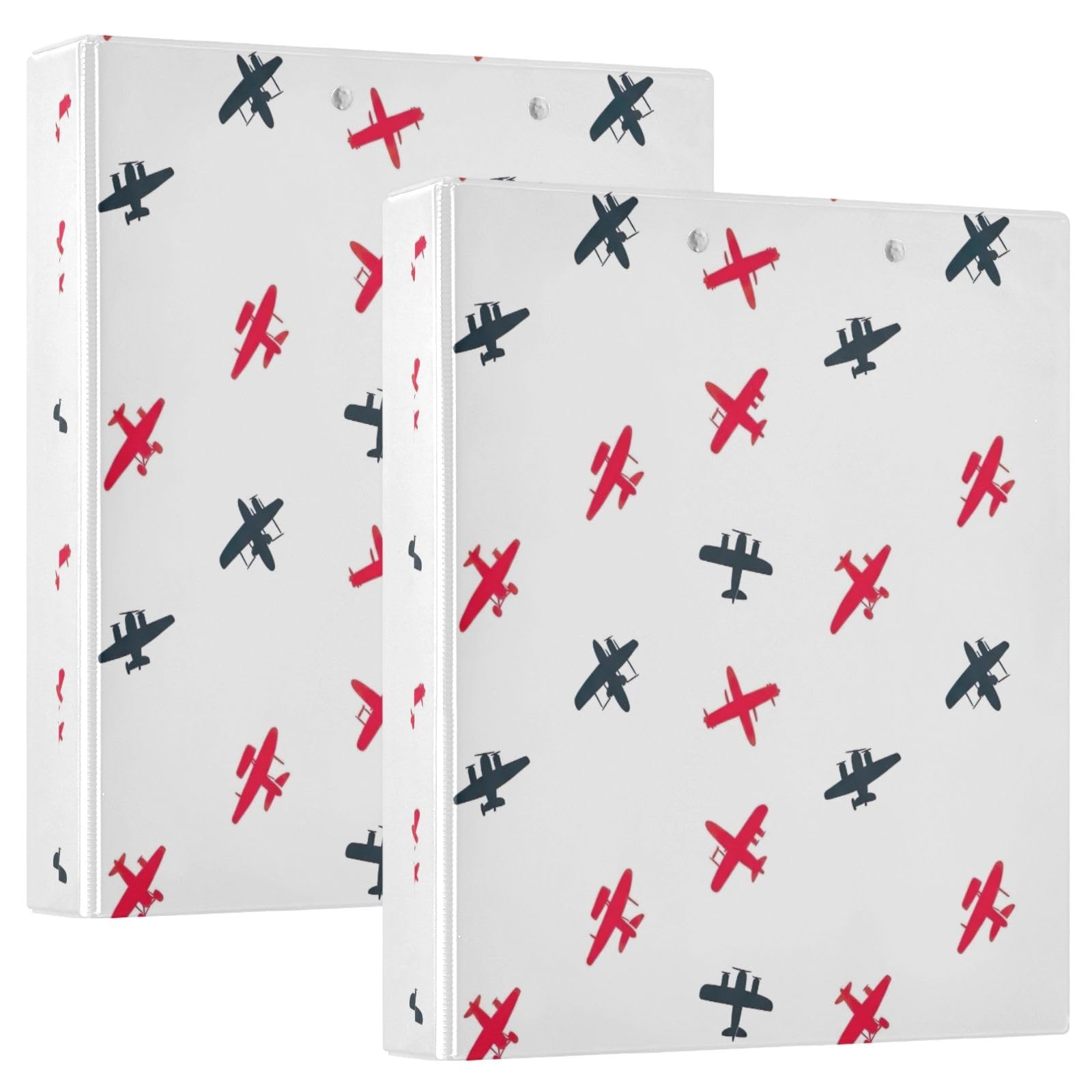 Confezione da 2 raccoglitori ad anelli con motivo aeroplani in stile cartone animato, con portablocco, grandi, per scuola, università, ufficio