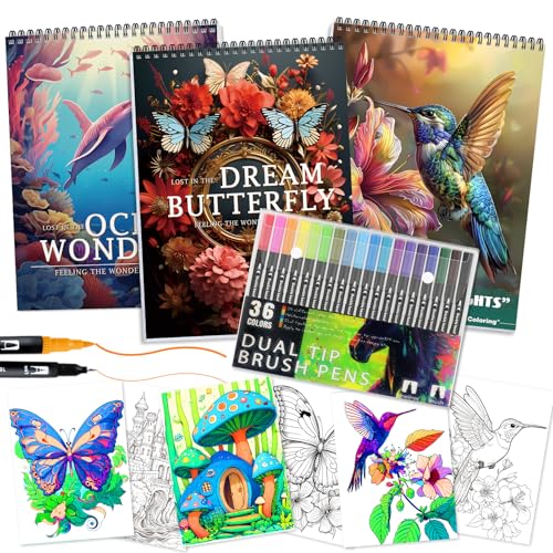 3Pcs Adult Coloring Book for Women Relaxation 36 Colors Markers with Spiral Bound Adult Coloring Book for Women 36 Dual Tip Colors Markers Anxiety Relief Mindfulness Gifts(Ocean & Bird & Butterfly)