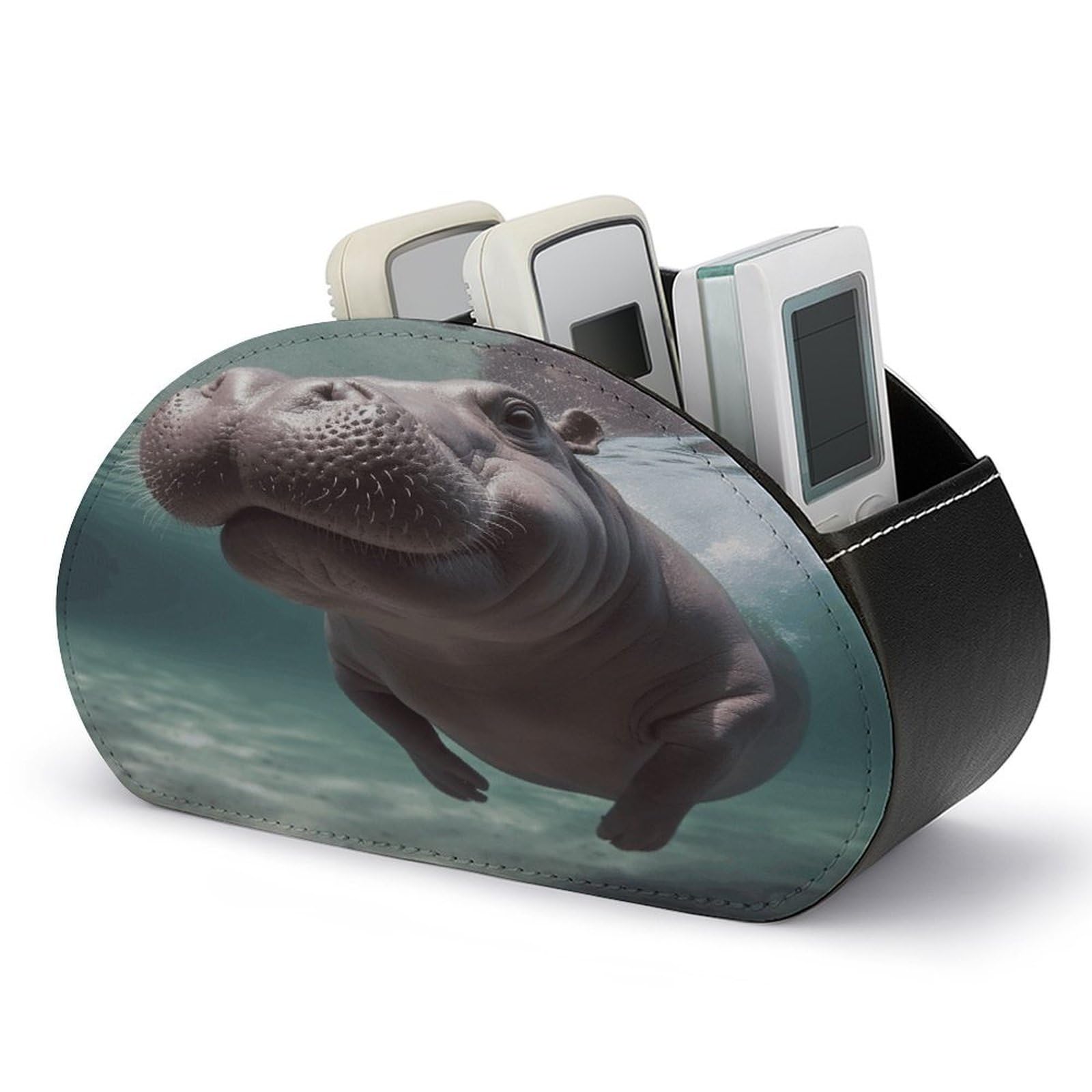 VstaDank Diving Hippo Remote Control Holder Farmhouse TV Media Remote Storage Box with 5 Compartments PU Leather Remote Caddy Desktop Organizer for Home Bedside Table Organizer