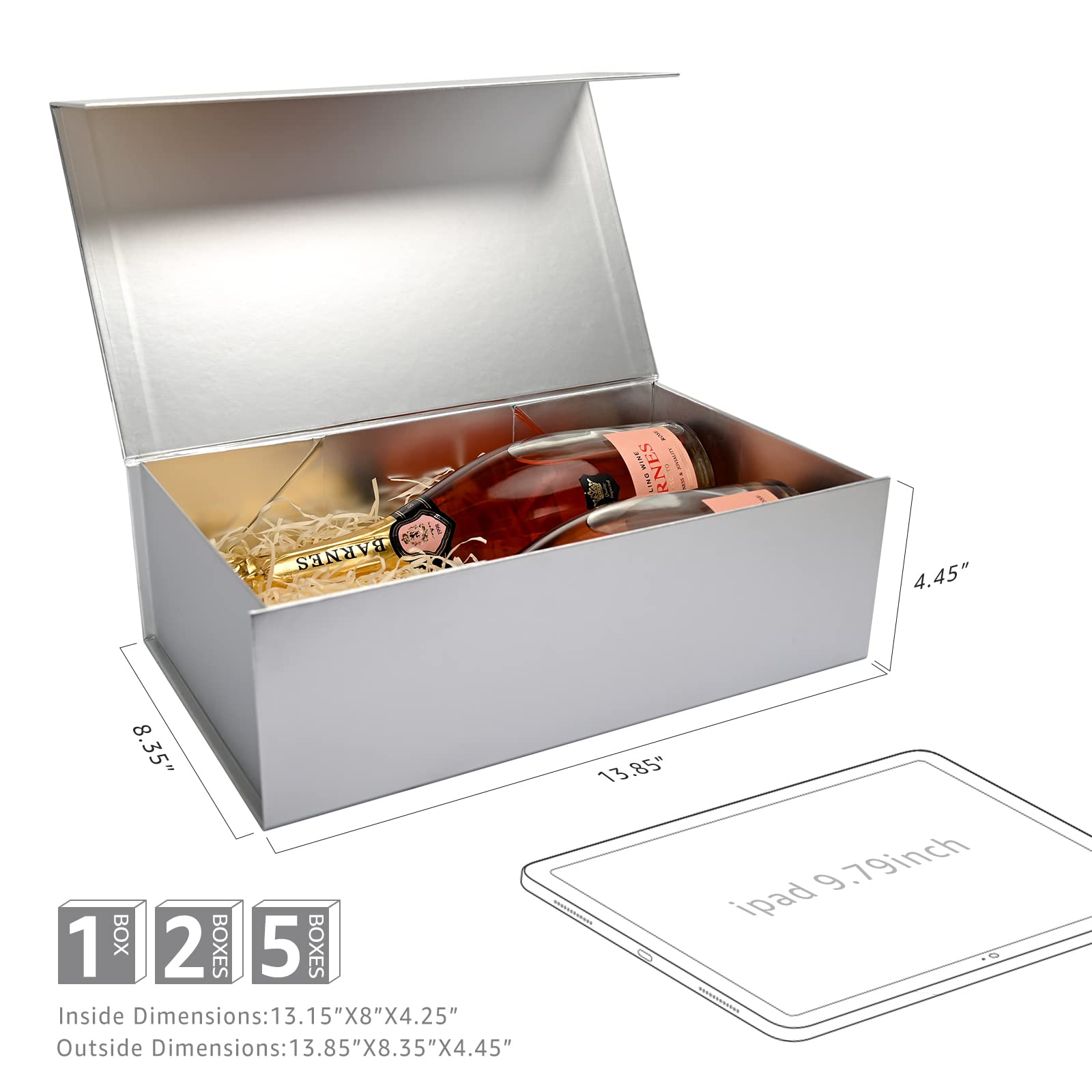LIFELUM Pudełka na prezenty z pokrywkami, 5 sztuk 35 x 21 x 11 cm, srebrne pudełka prezentowe ze wstążką, kartką, papierem rozdrobnionym, pudełka prezentowe na prezenty, ukończenie szkoły, Boże