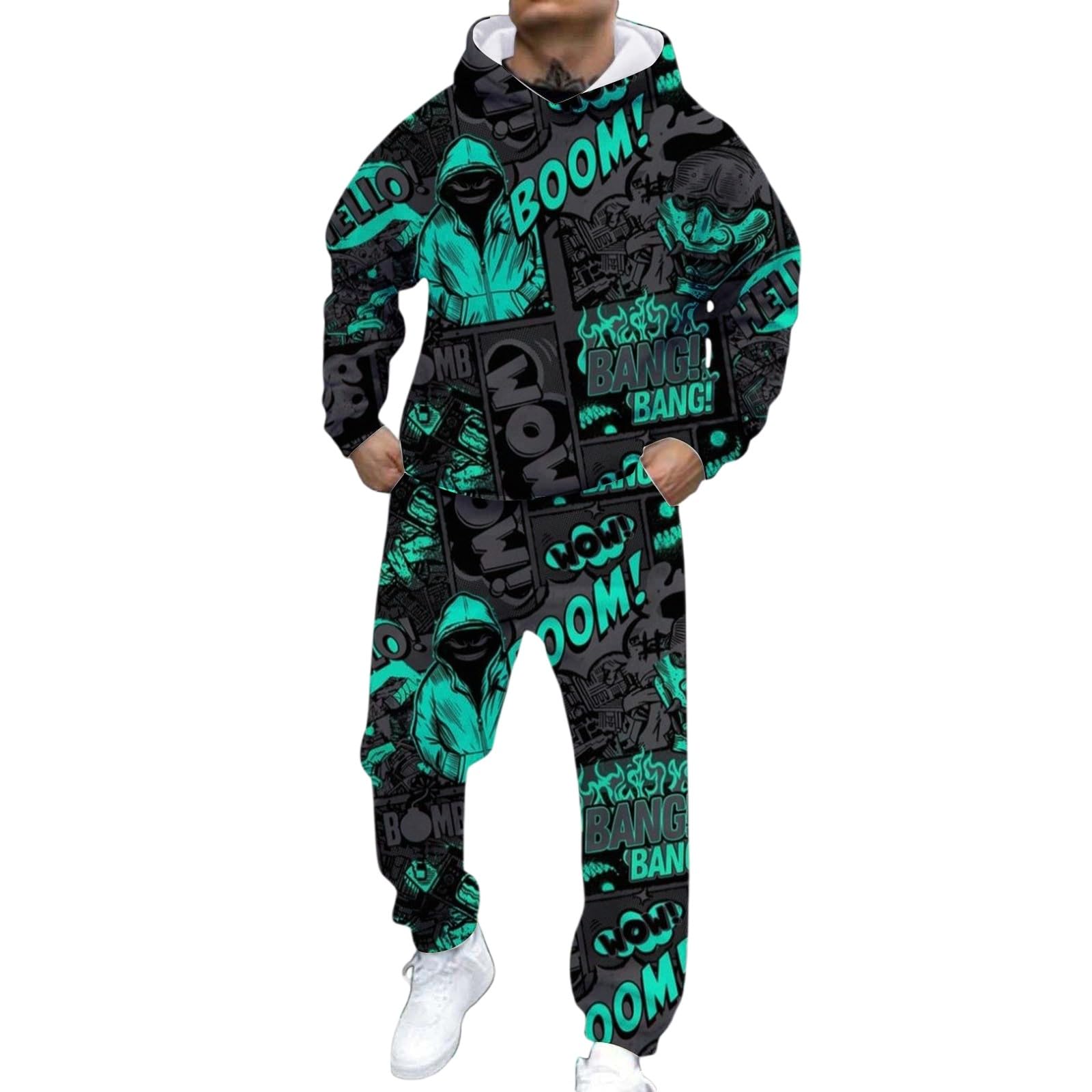 Survêtement homme vert menthe sweat à capuche décontracté et jogging imprimé