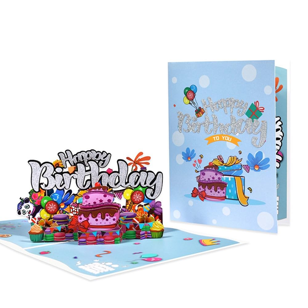 3D Pop Up Birthday Cake Card with Macarons Cupcakes Balloons and Presents Colourful Greeting Card for Friends and Family with Envelope