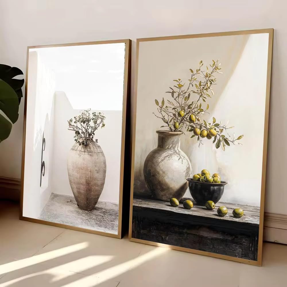 GOSRD Lienzos impresos con diseño de olivo mediterráneo en maceta de terracota, póster de arte mural Wabi Sabi color beige (60x90 cm - 2 piezas/marco interno).