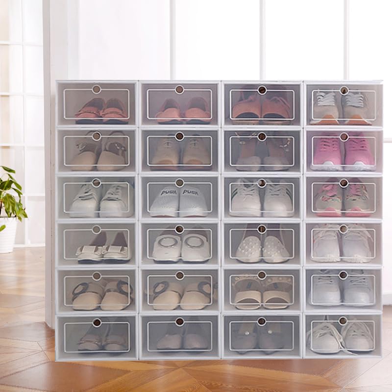 LOYALHEARTDY 24 Pack Shoe Storage Box,Clear Plastic Stackable Shoe Organizer for Closet,Foldable Storage Home Organizer Rack Stack, Flip Shoe Box Kit Rack for Storing Different Kinds of Items?Clear