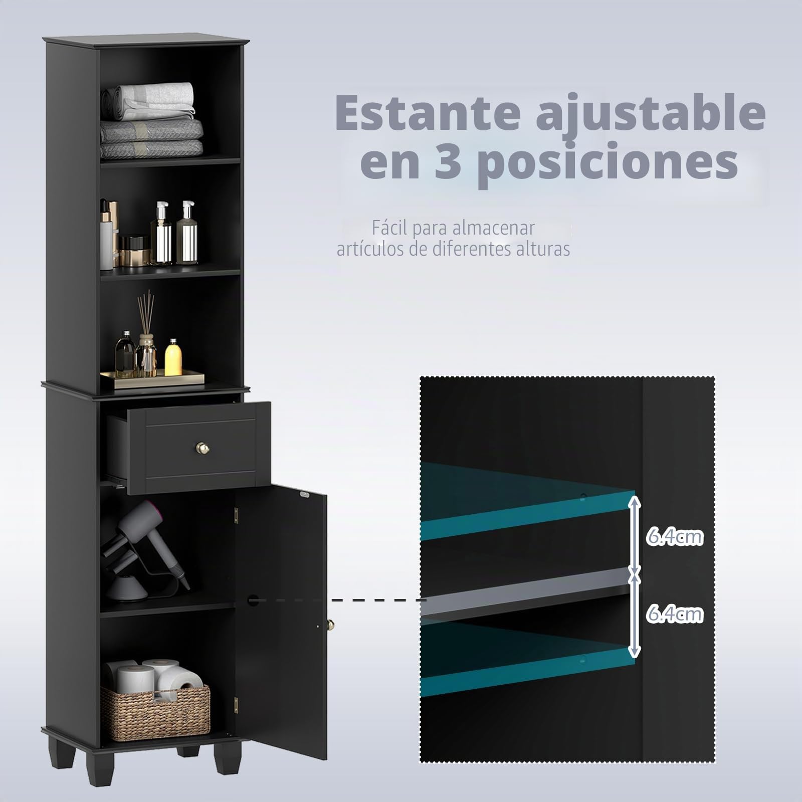 LIFEZEAL Mueble de Baño para Ahorrar Espacio, Columna Alta y Estrecha con 1 Cajón, 3 Estantes Abiertos, 1 Puerta y Patas de Madera Maciza, Armario Aparador para Cocina, Baño y Salón (Negro)