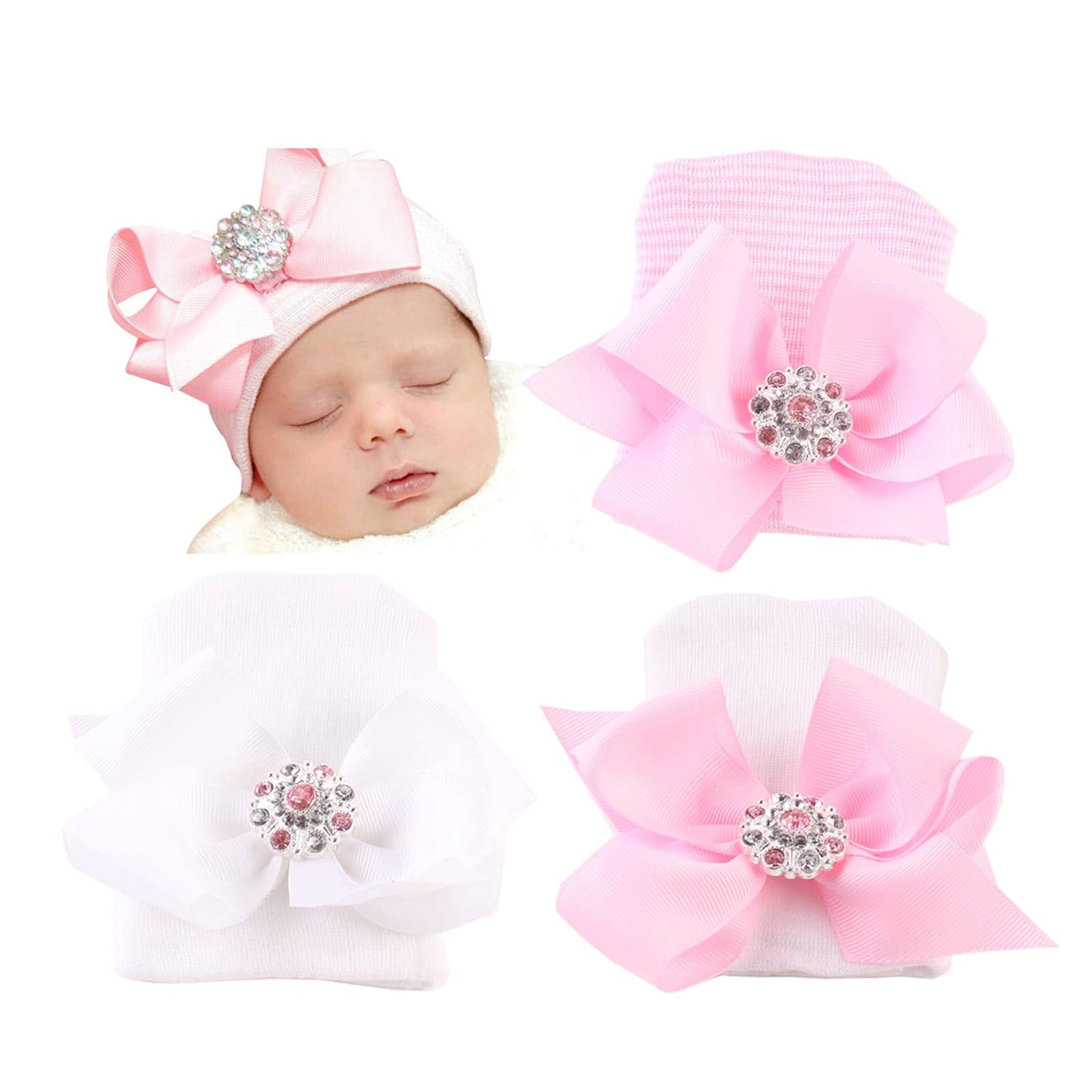 Newborn Hats for Girls 3Pcs Hospital Hat Baby Girl Bows and Headbands Infant Beanie Nursery Caps